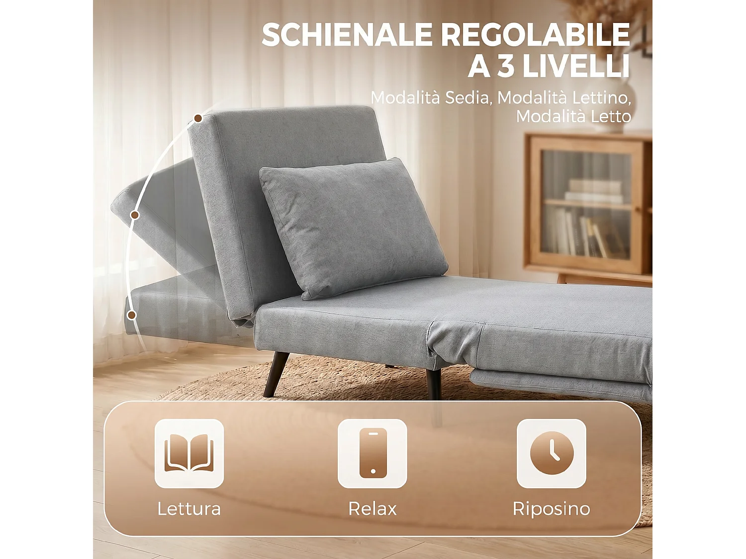 Poltrona letto singola con schienale regolabile grigio chiaro