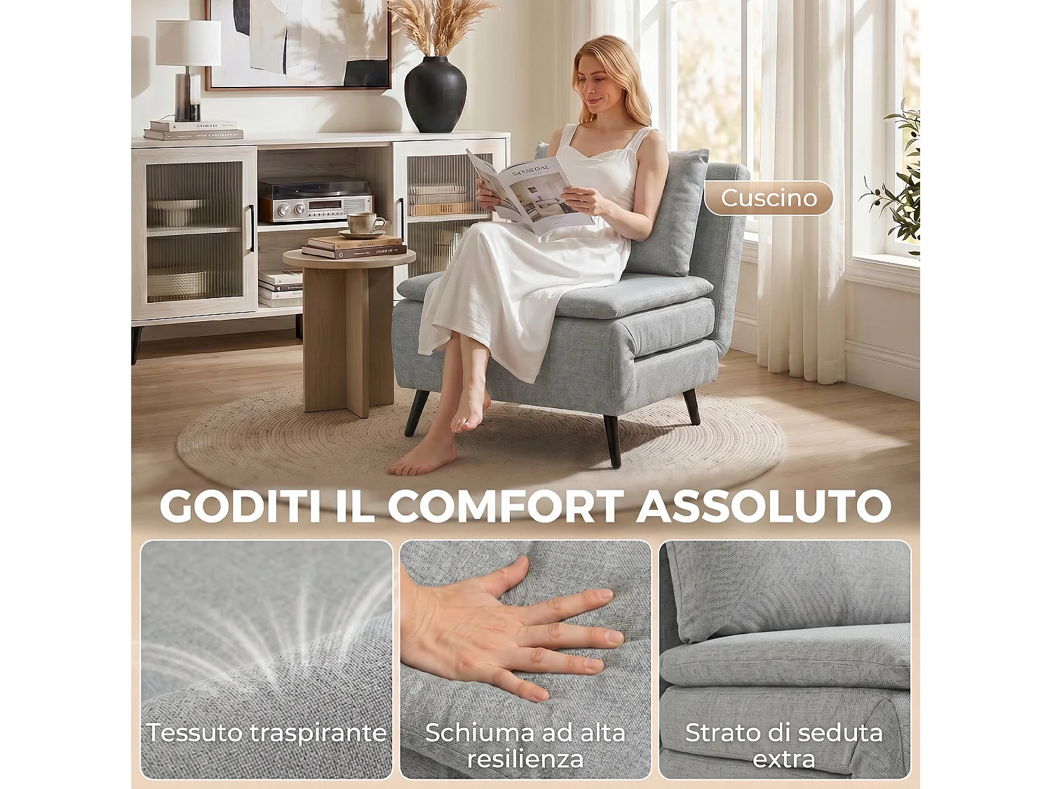 Poltrona letto singola con schienale regolabile grigio chiaro