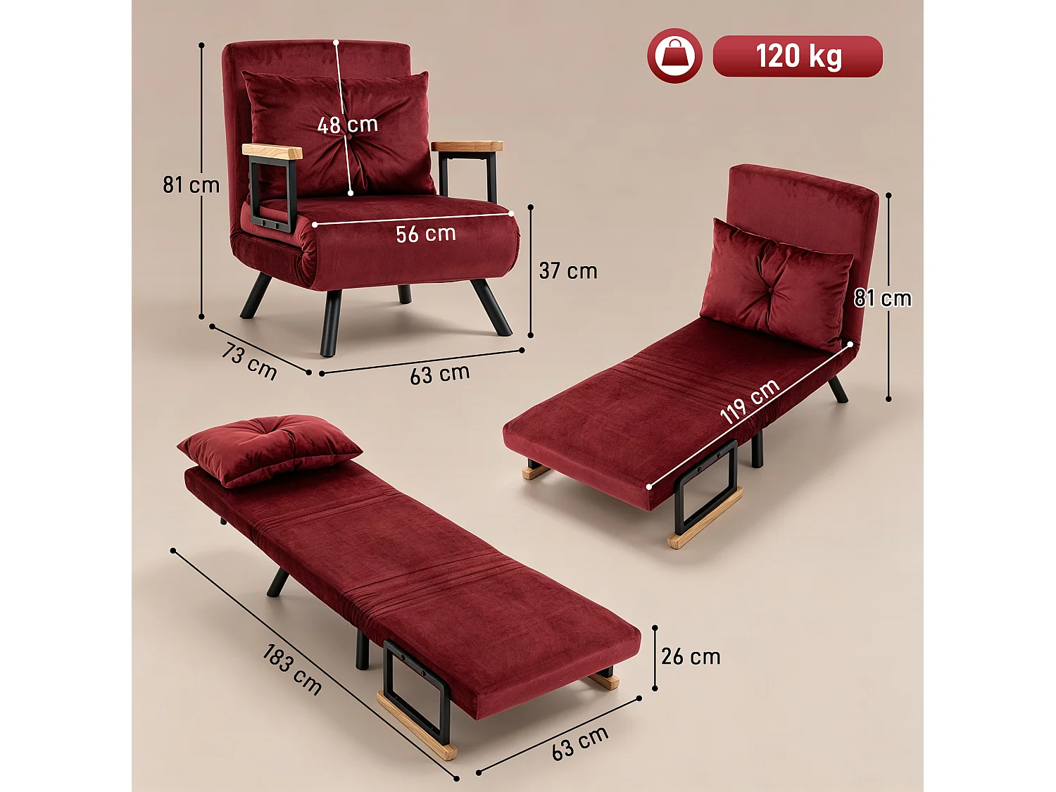 Poltrona letto 3 in 1 con schienale reclinabile rosso vino