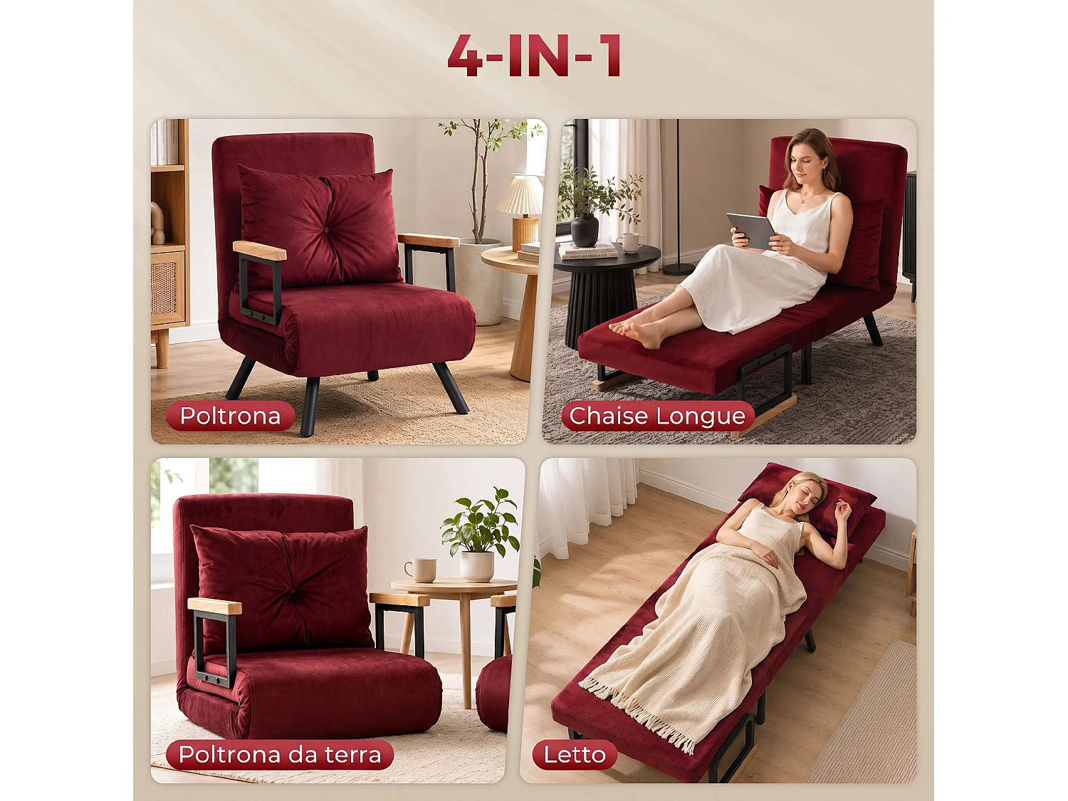 Poltrona letto 3 in 1 con schienale reclinabile rosso vino