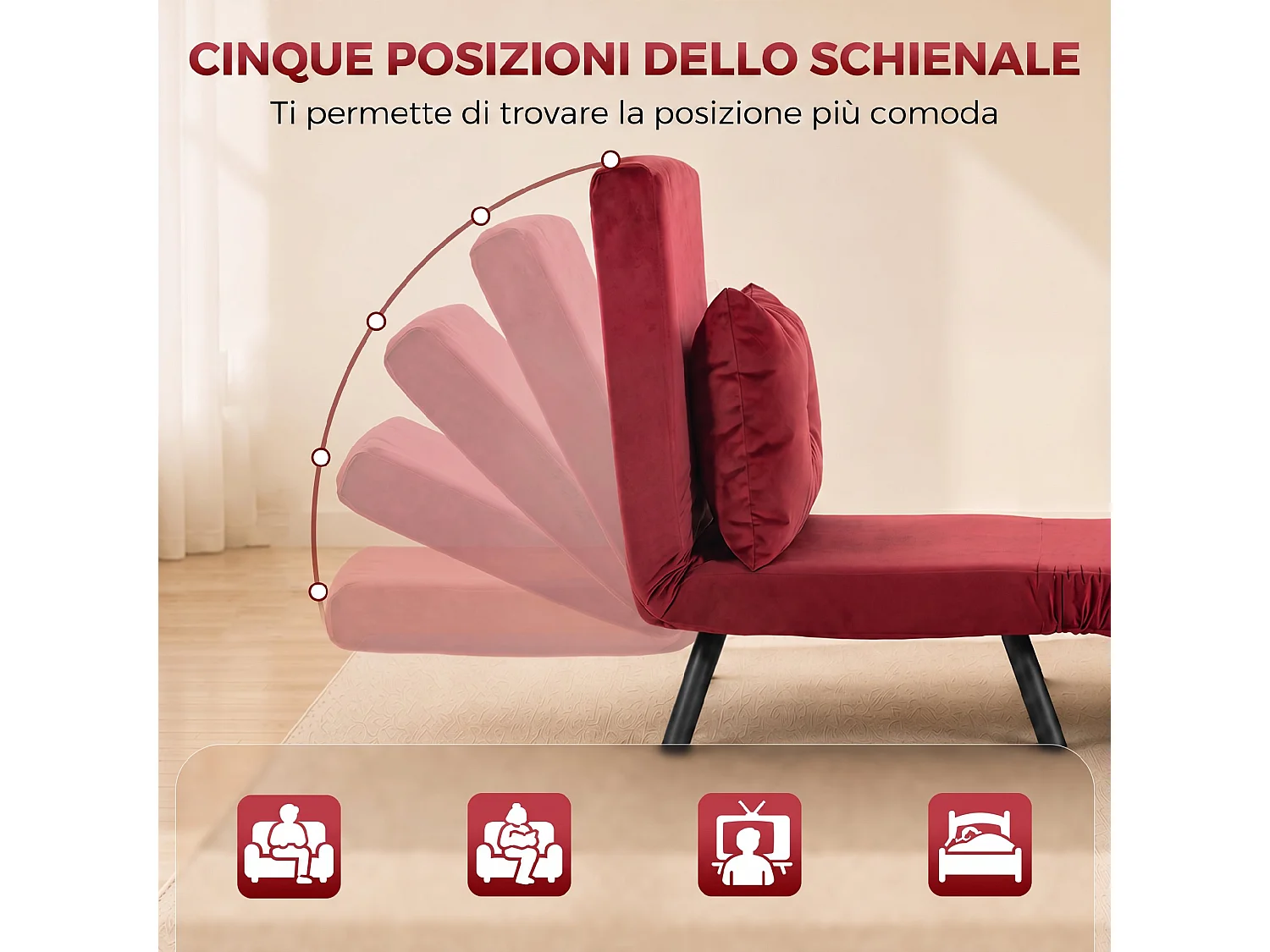 Poltrona letto 3 in 1 con schienale reclinabile rosso vino