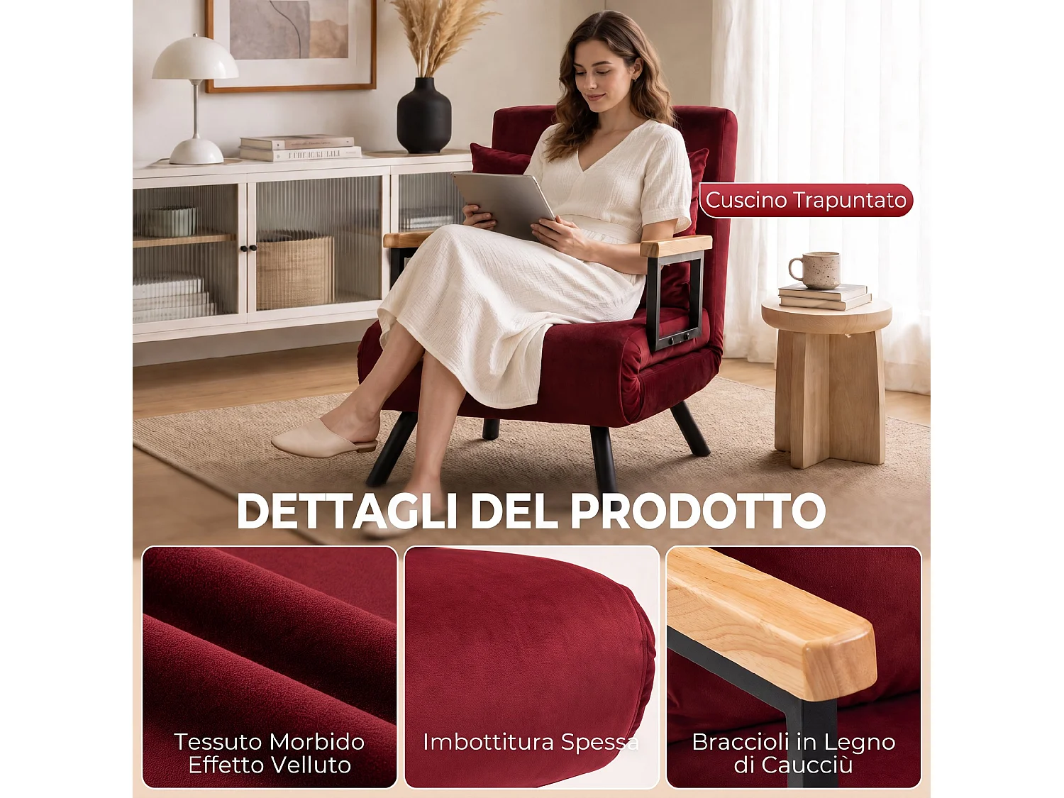Poltrona letto 3 in 1 con schienale reclinabile rosso vino