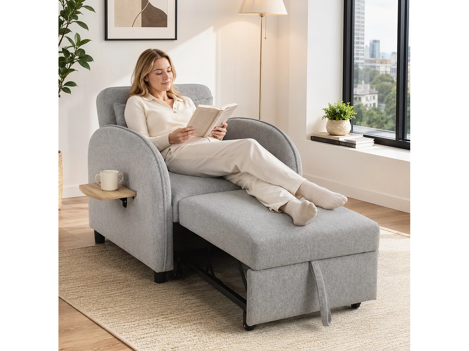 Poltrona letto singola 3 in 1 estraibile con cuscino in lino grigio