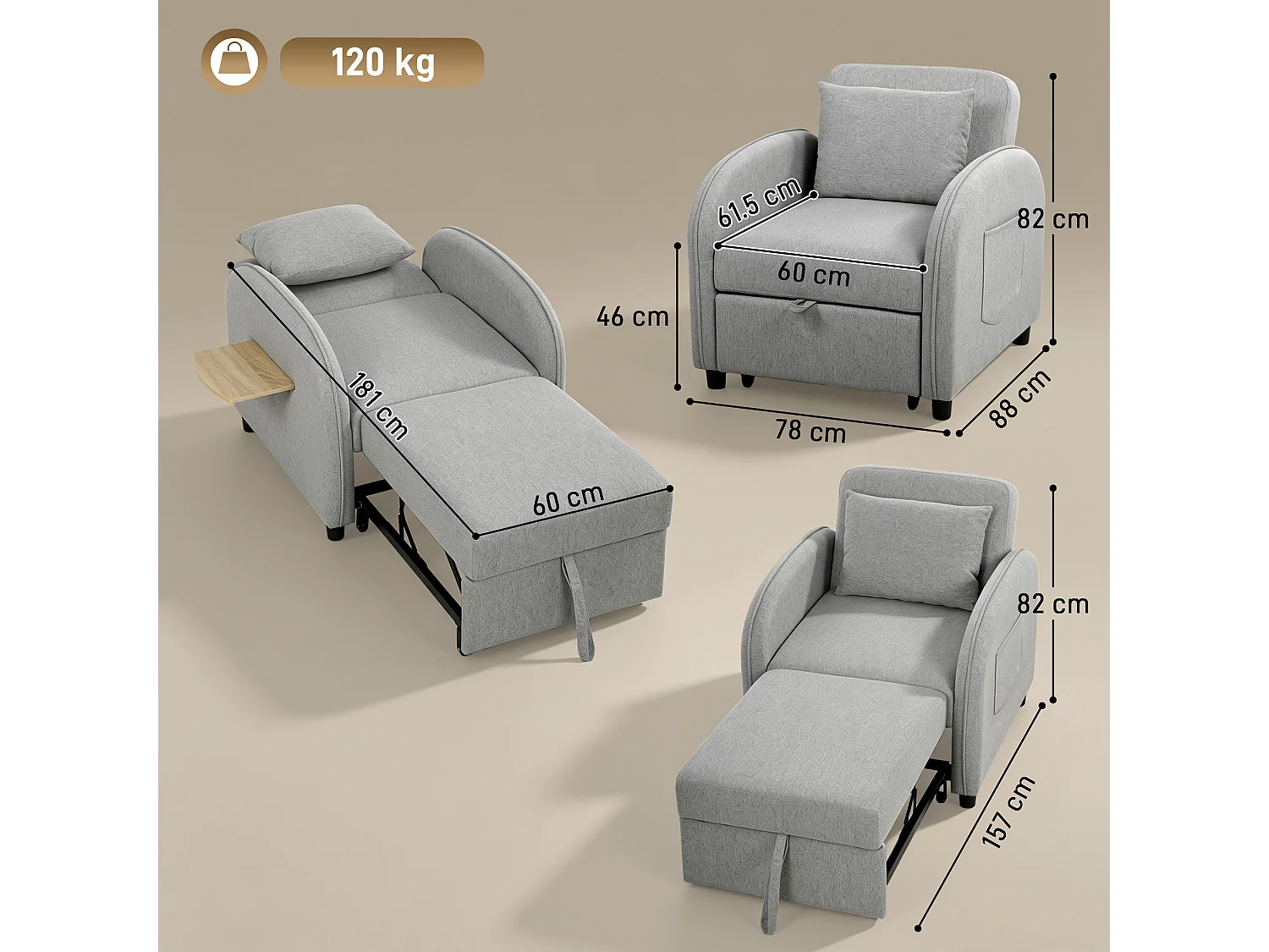 Poltrona letto singola 3 in 1 estraibile con cuscino in lino grigio
