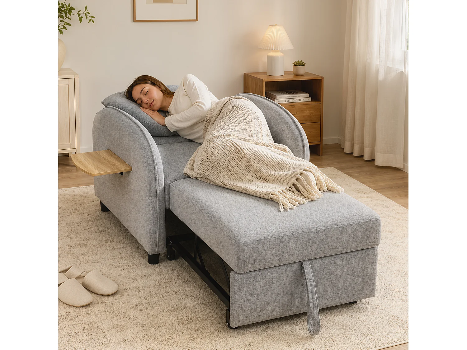 Poltrona letto singola 3 in 1 estraibile con cuscino in lino grigio