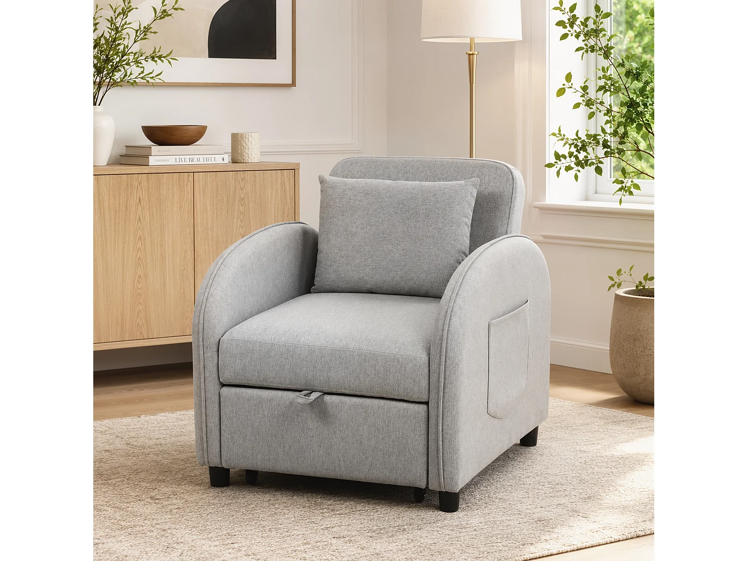 Poltrona letto singola 3 in 1 estraibile con cuscino in lino grigio