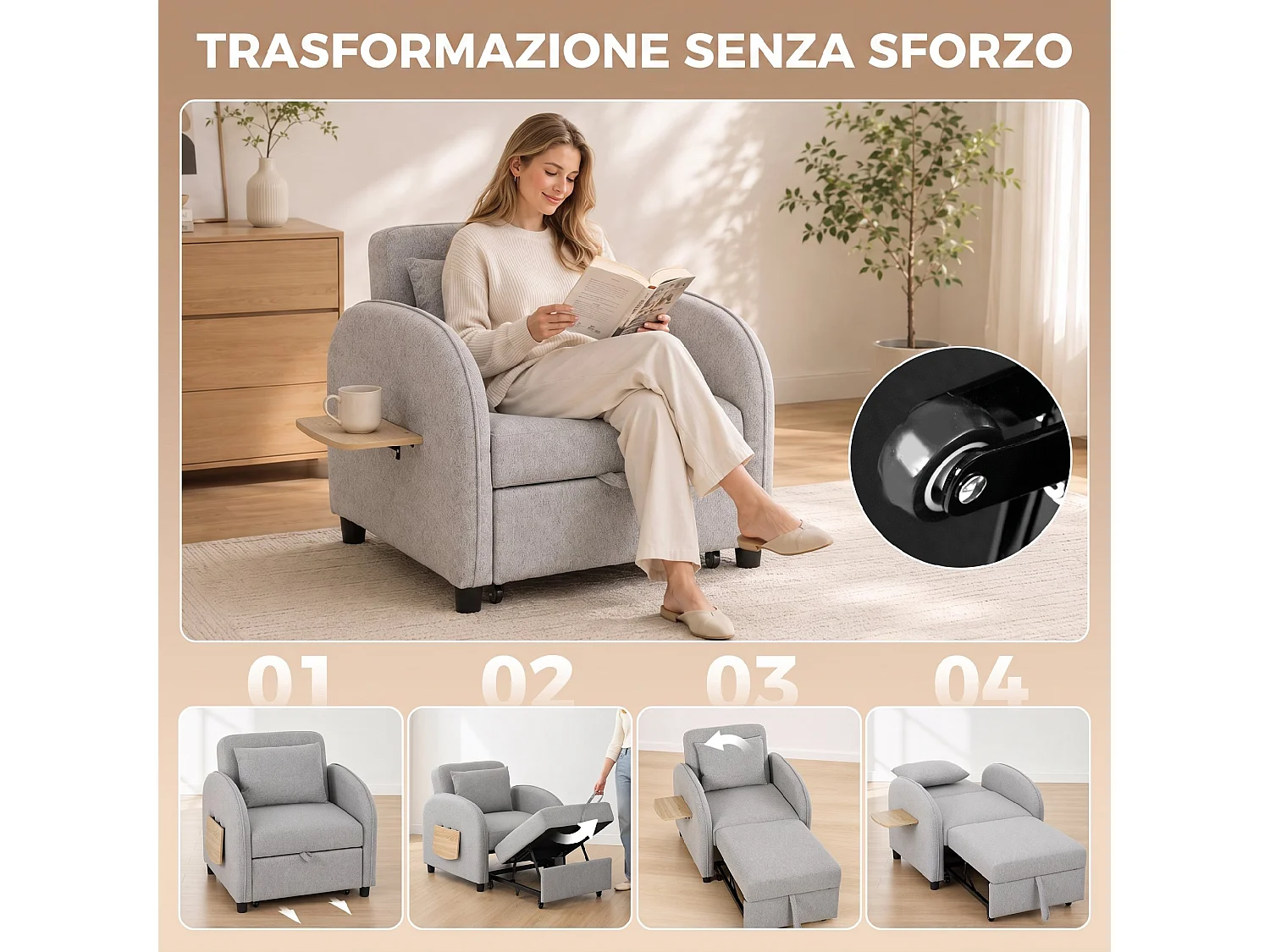 Poltrona letto singola 3 in 1 estraibile con cuscino in lino grigio