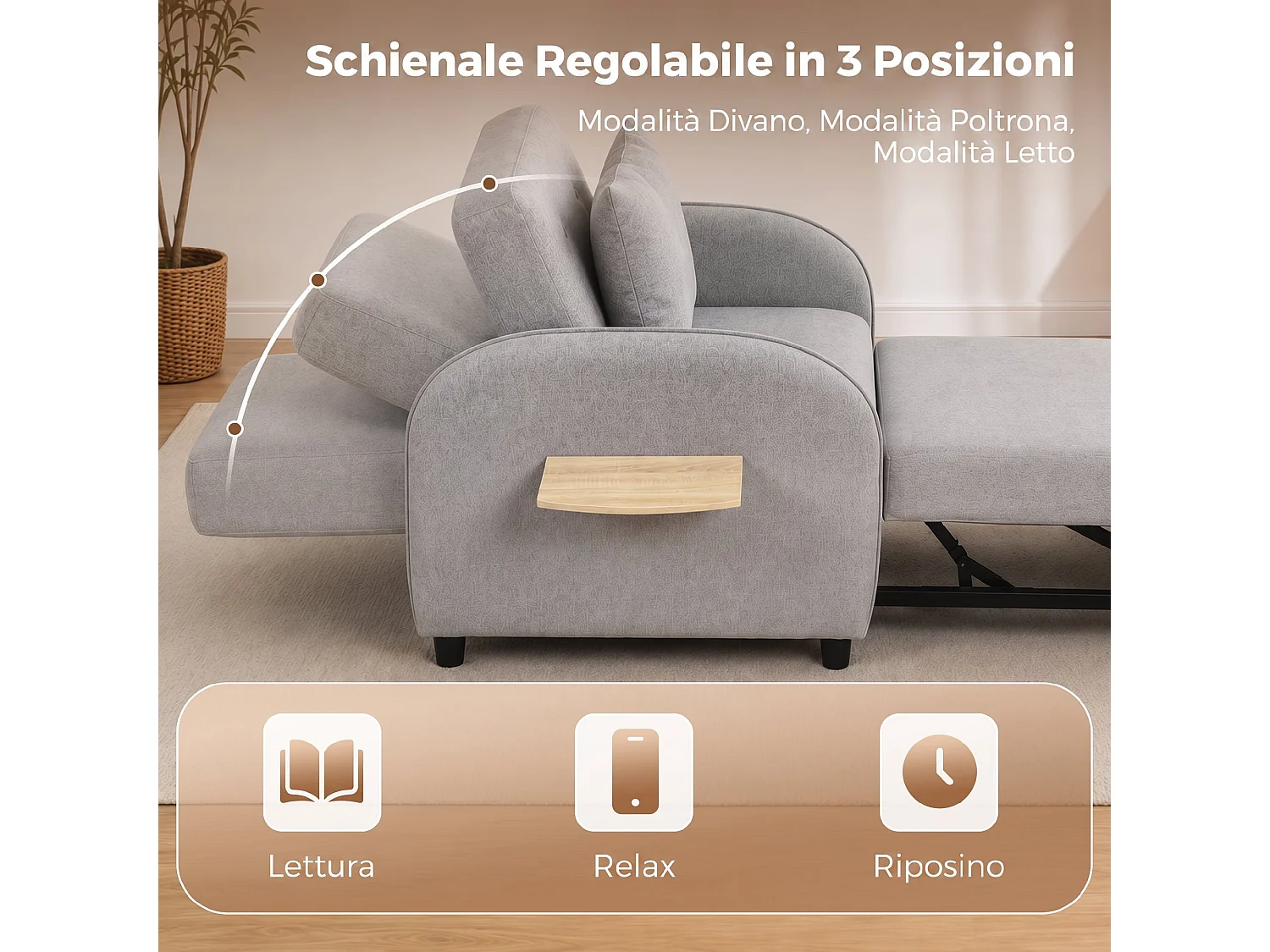 Poltrona letto singola 3 in 1 estraibile con cuscino in lino grigio