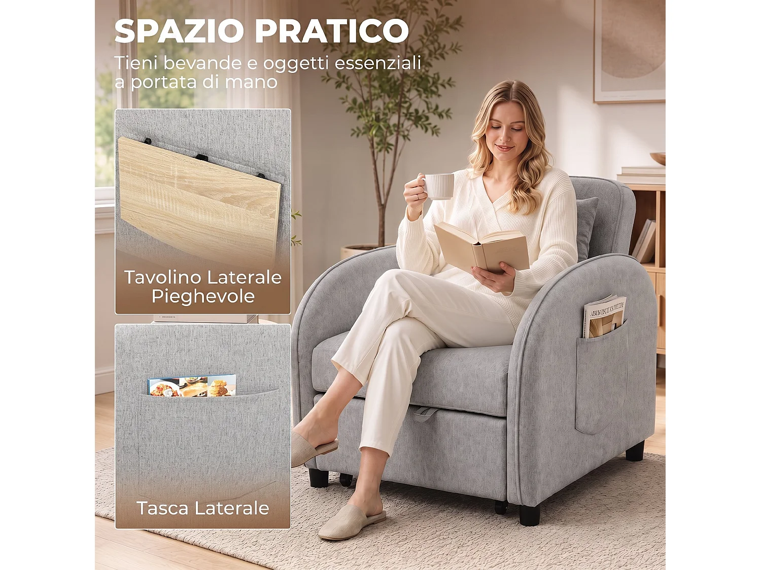 Poltrona letto singola 3 in 1 estraibile con cuscino in lino grigio
