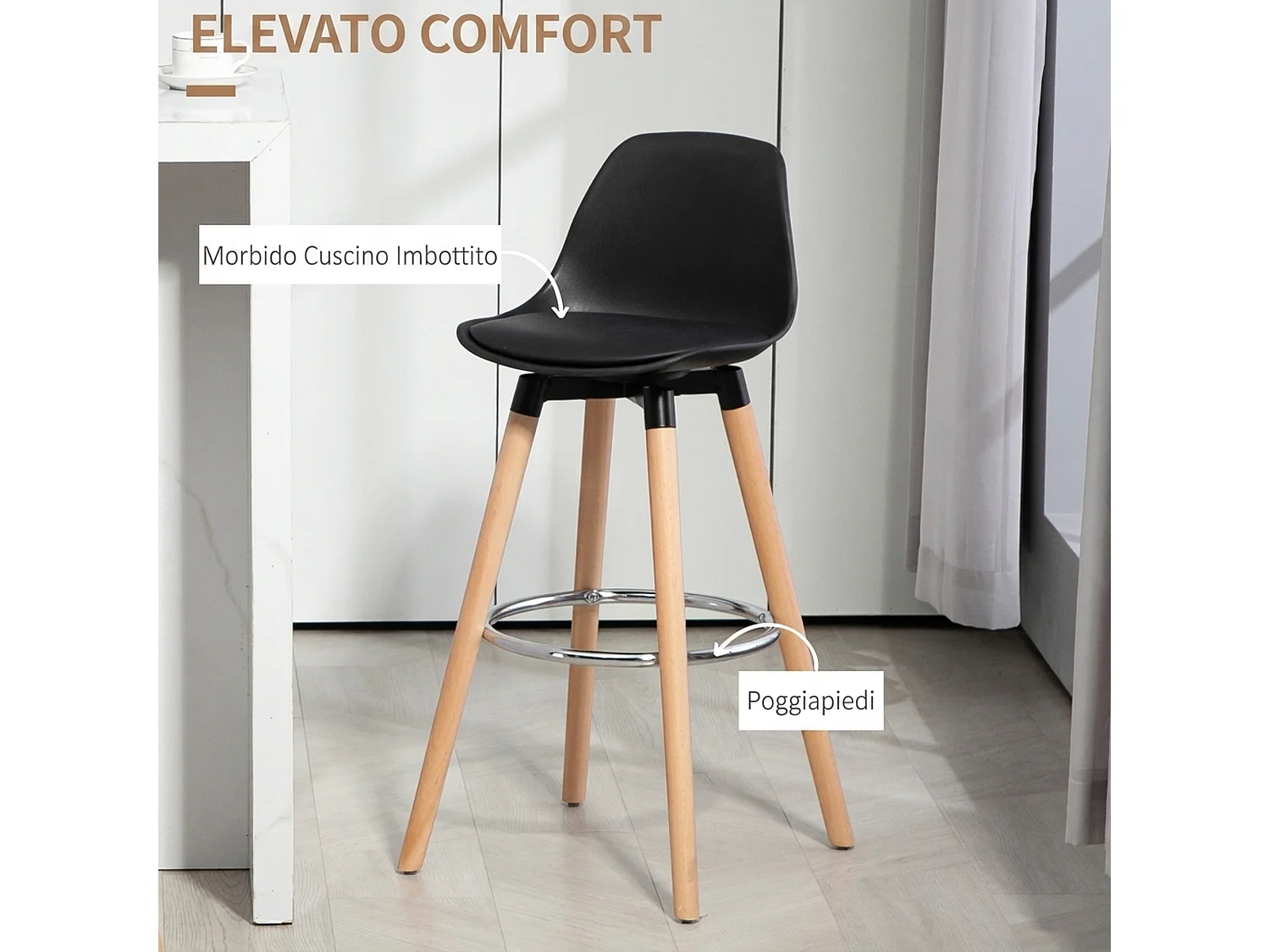 Set 2 sgabelli da bar stile nordico con schienale e poggiapiedi