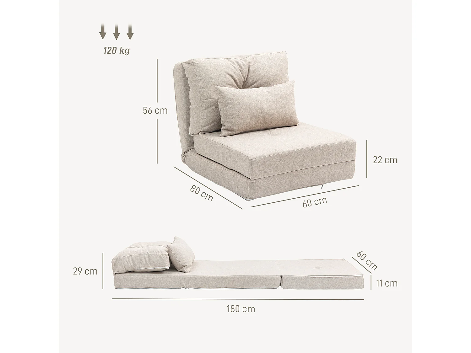 Poltrona letto 3 in 1 chaise longue e divano da terra in lino beige