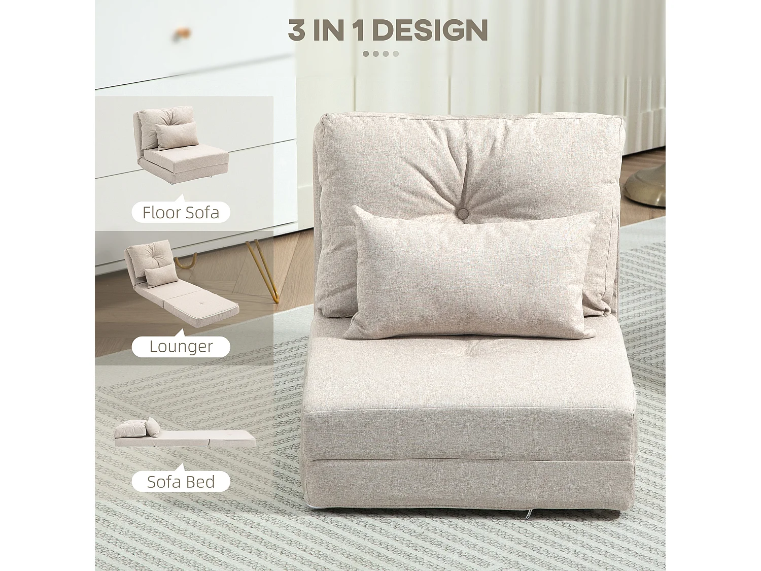 Poltrona letto 3 in 1 chaise longue e divano da terra in lino beige