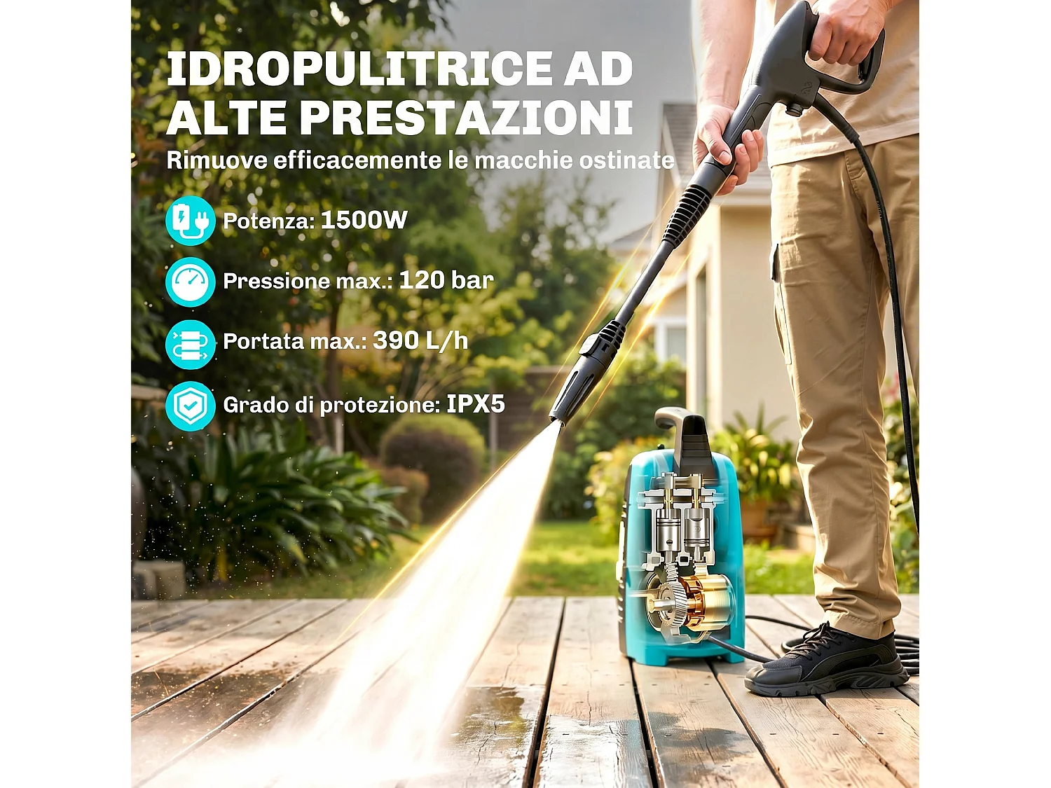 Idropulitrice portatile 1500w con ugello regolabile e tubo 6 m blu