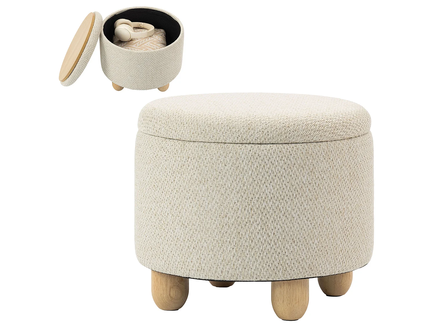Pouf contenitore 19l in tessuto effetto iuta con coperchio beige