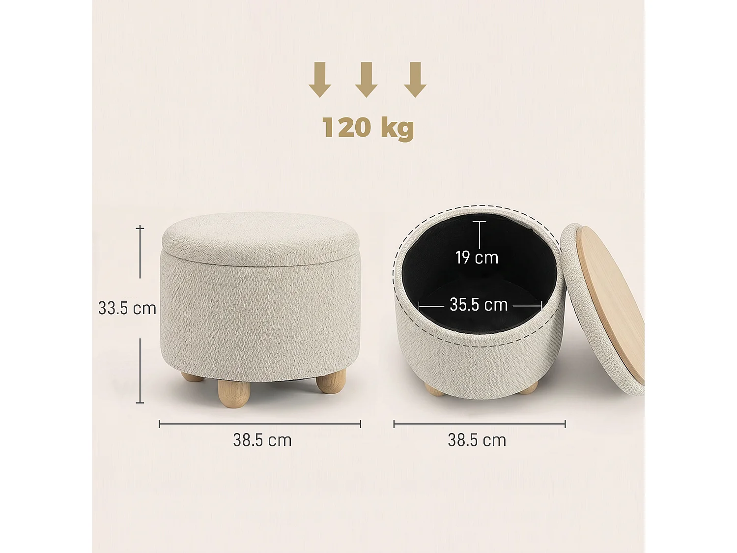 Pouf contenitore 19l in tessuto effetto iuta con coperchio beige