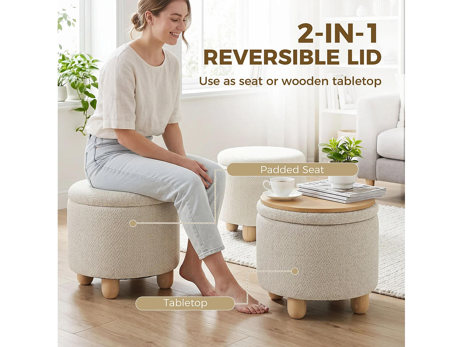 Pouf contenitore 19l in tessuto effetto iuta con coperchio beige