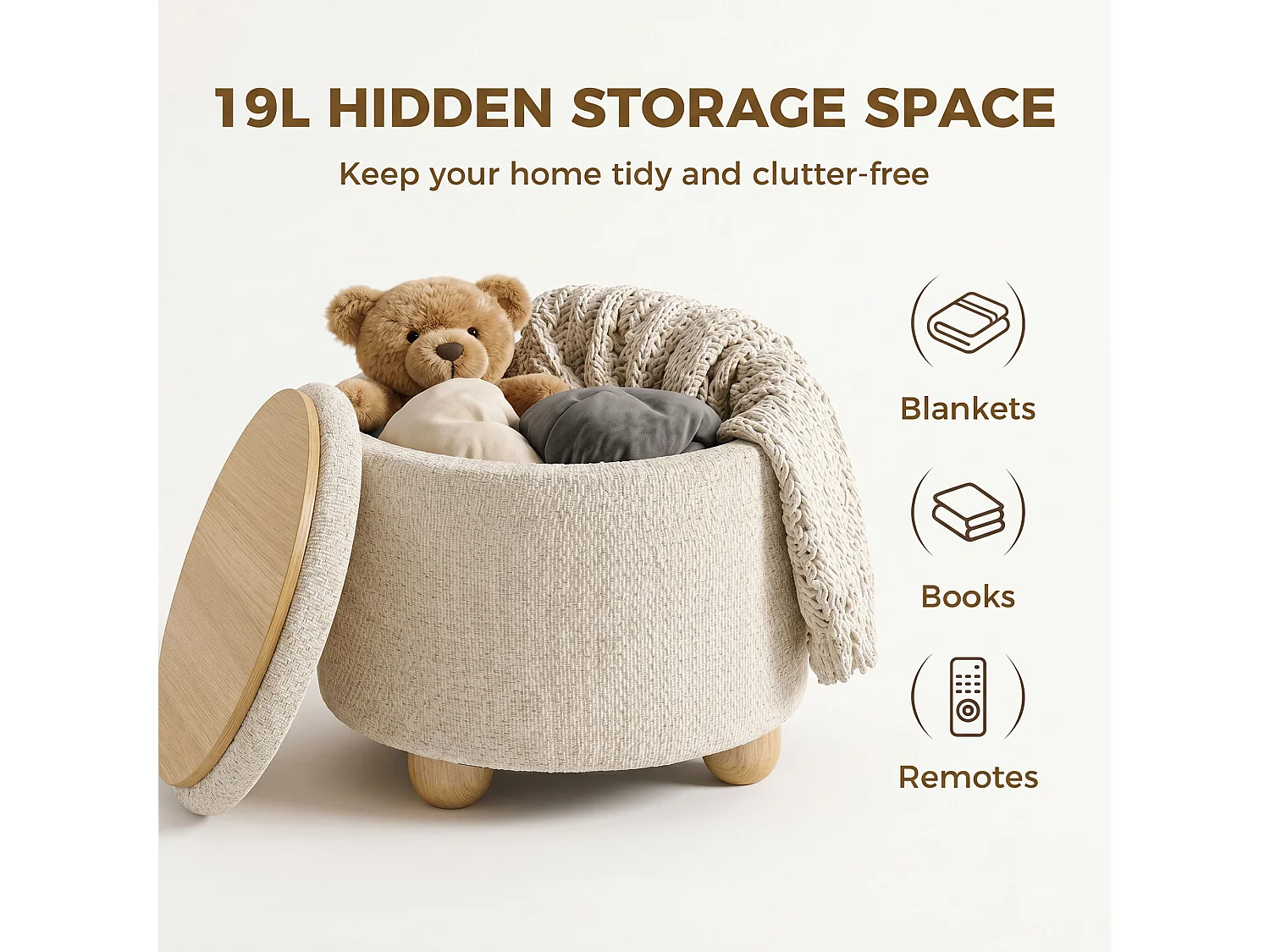 Pouf contenitore 19l in tessuto effetto iuta con coperchio beige