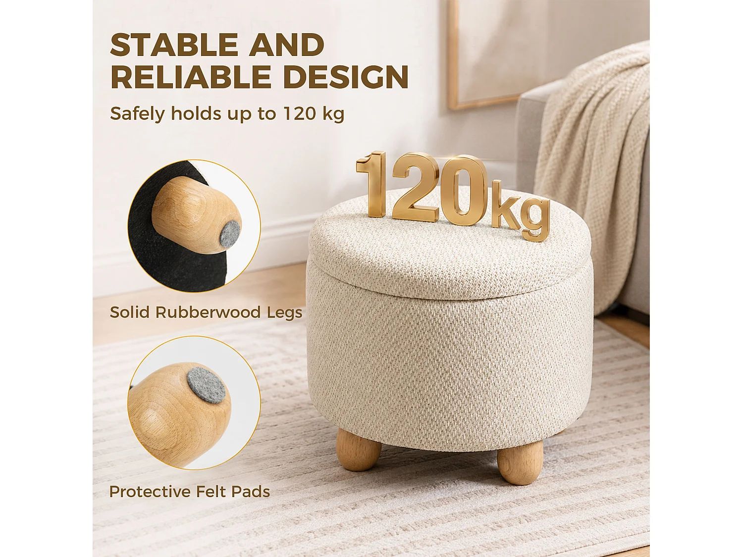 Pouf contenitore 19l in tessuto effetto iuta con coperchio beige