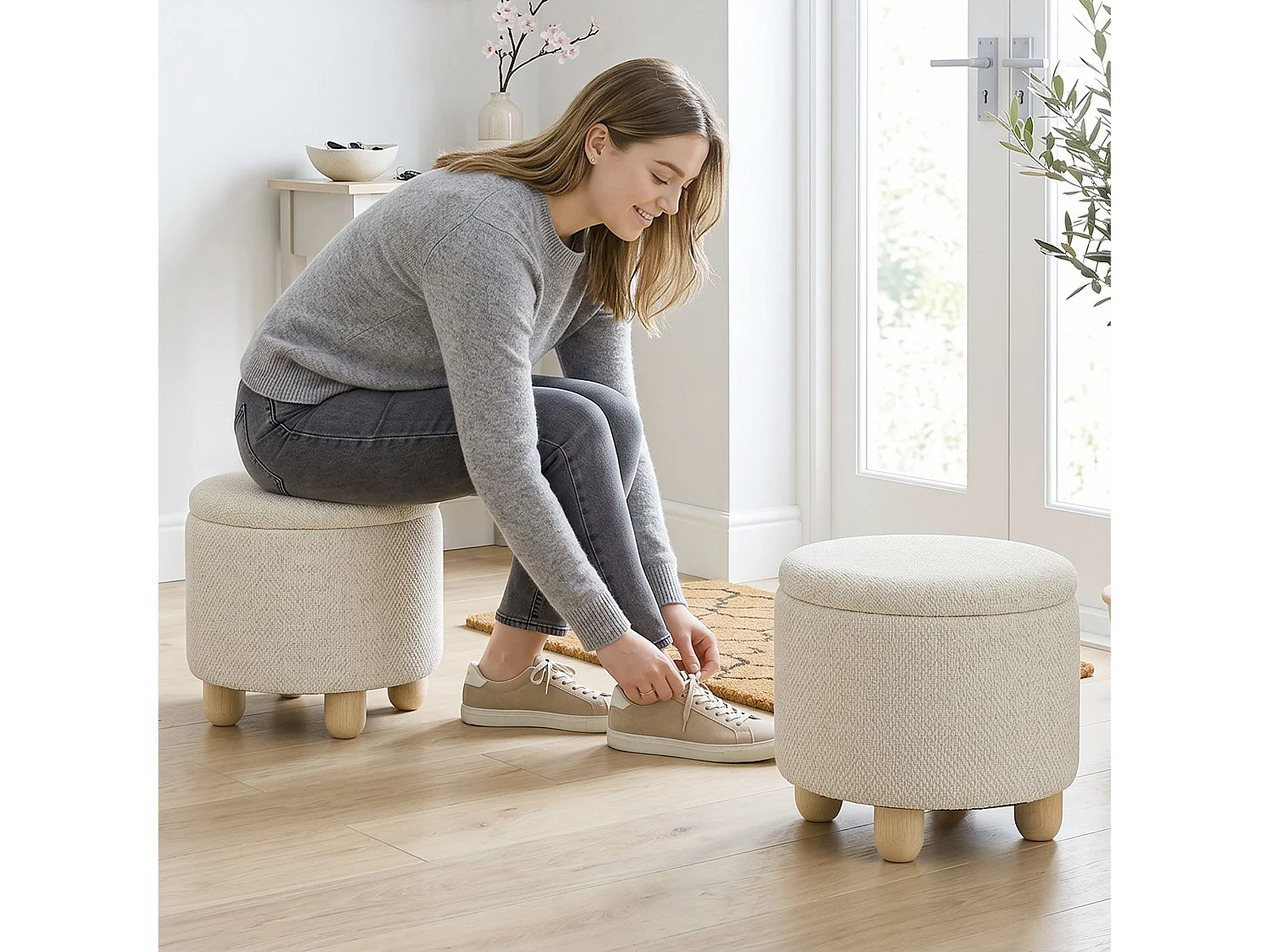 Pouf contenitore 19l in tessuto effetto iuta con coperchio beige