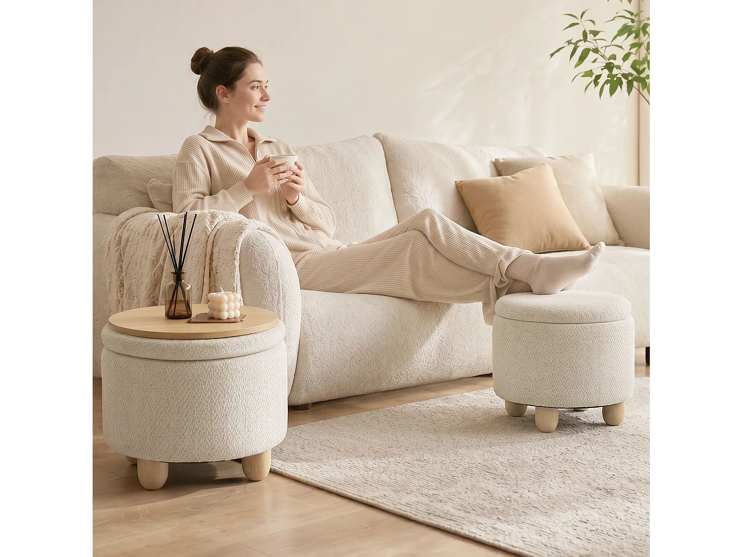 Pouf contenitore 19l in tessuto effetto iuta con coperchio beige