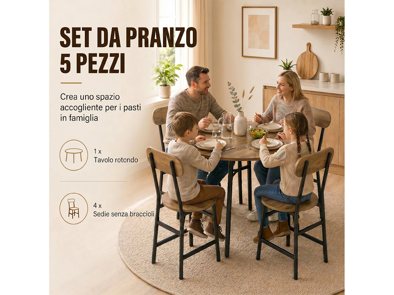 Set tavolo e sedie da pranzo 5pz stile industriale nero e color legno