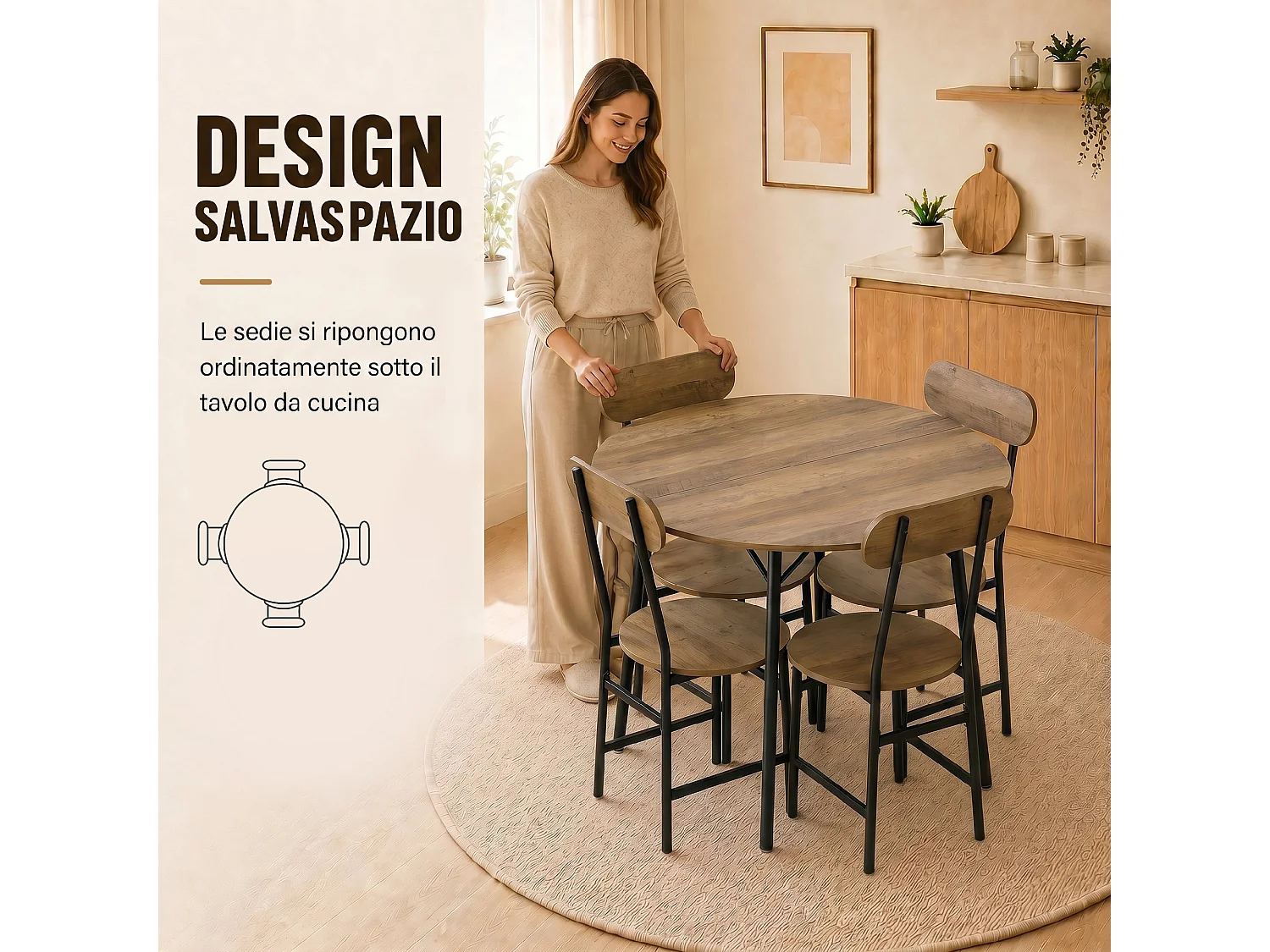 Set tavolo e sedie da pranzo 5pz stile industriale nero e color legno