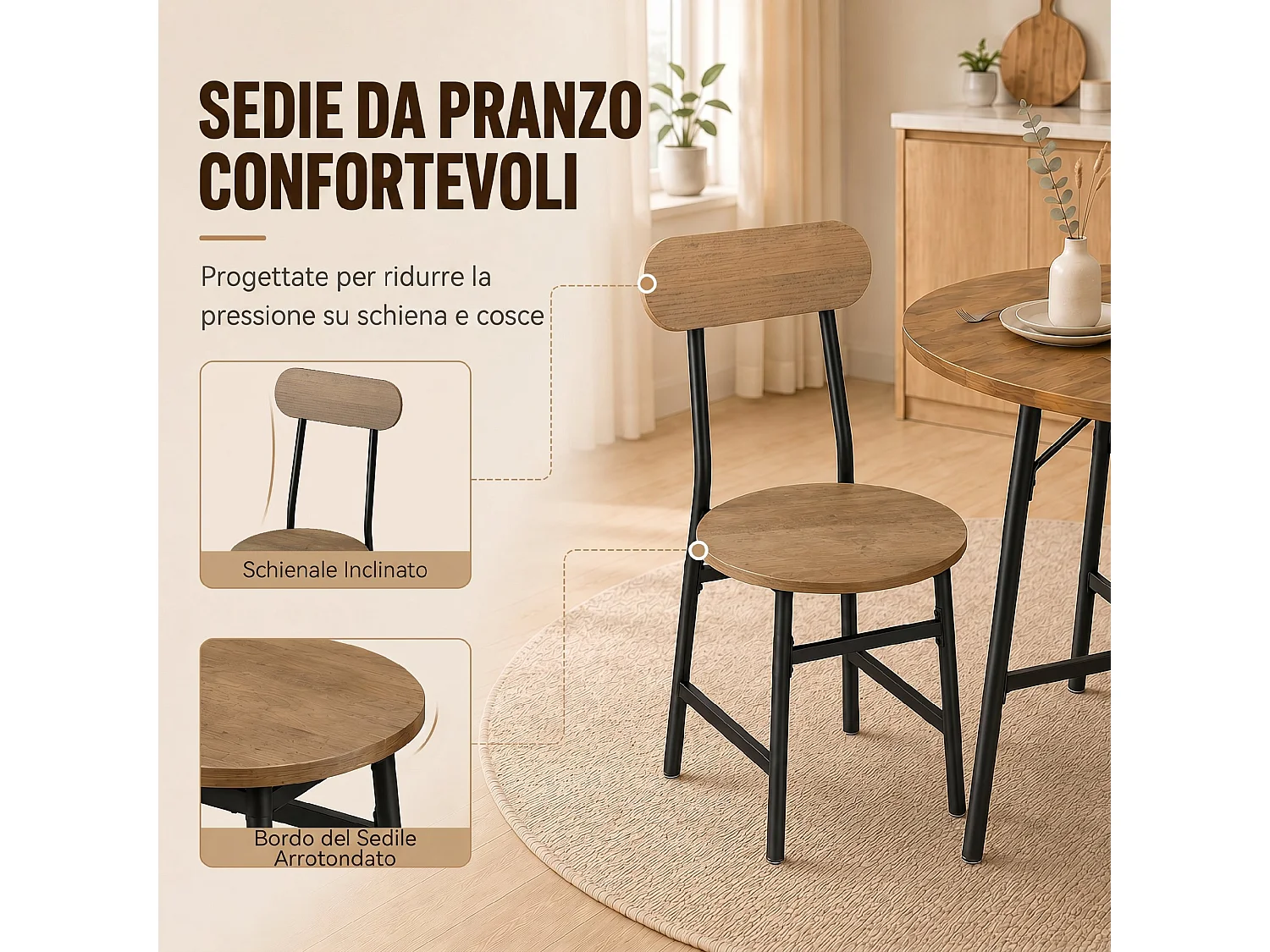 Set tavolo e sedie da pranzo 5pz stile industriale nero e color legno