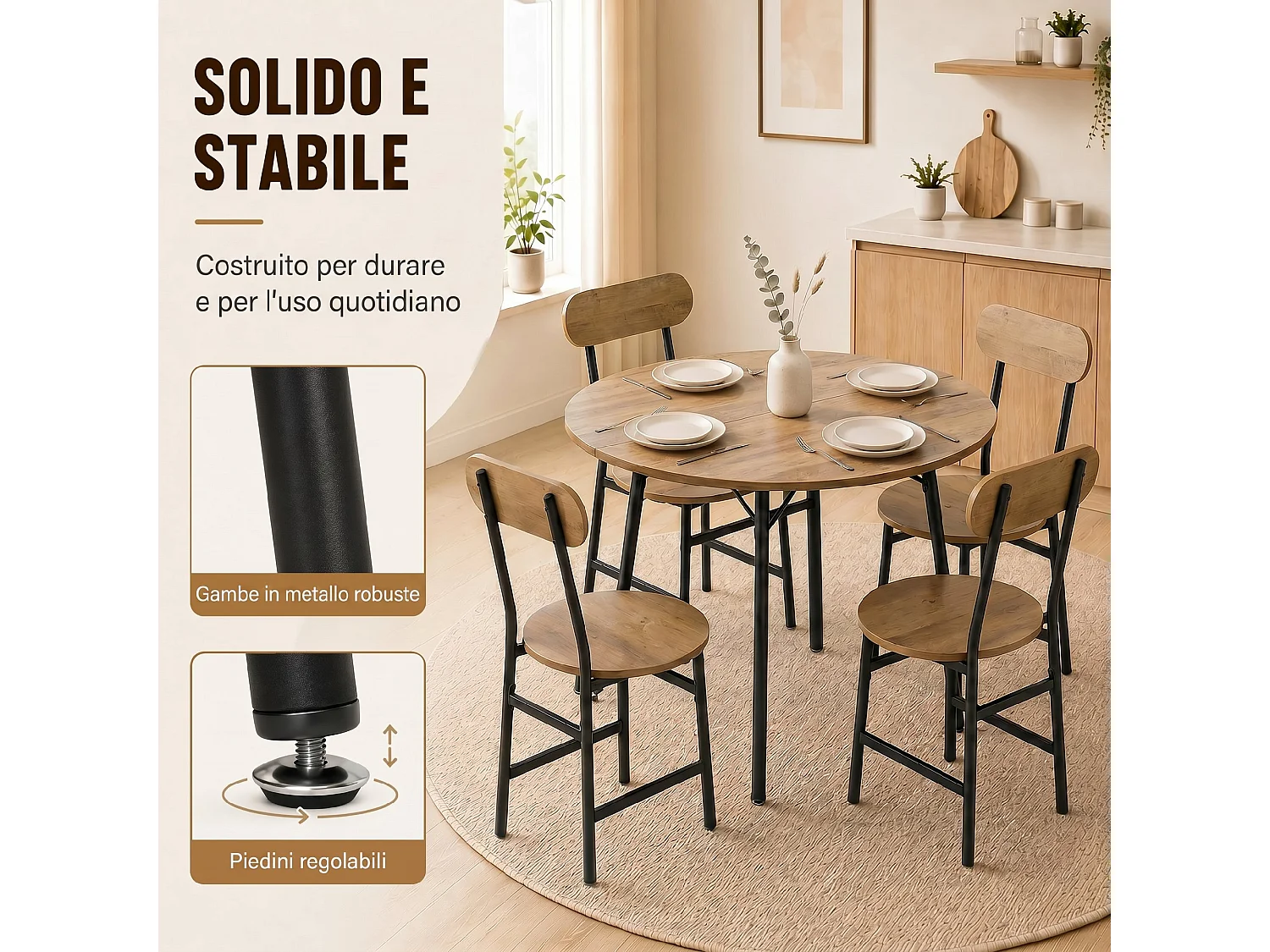 Set tavolo e sedie da pranzo 5pz stile industriale nero e color legno