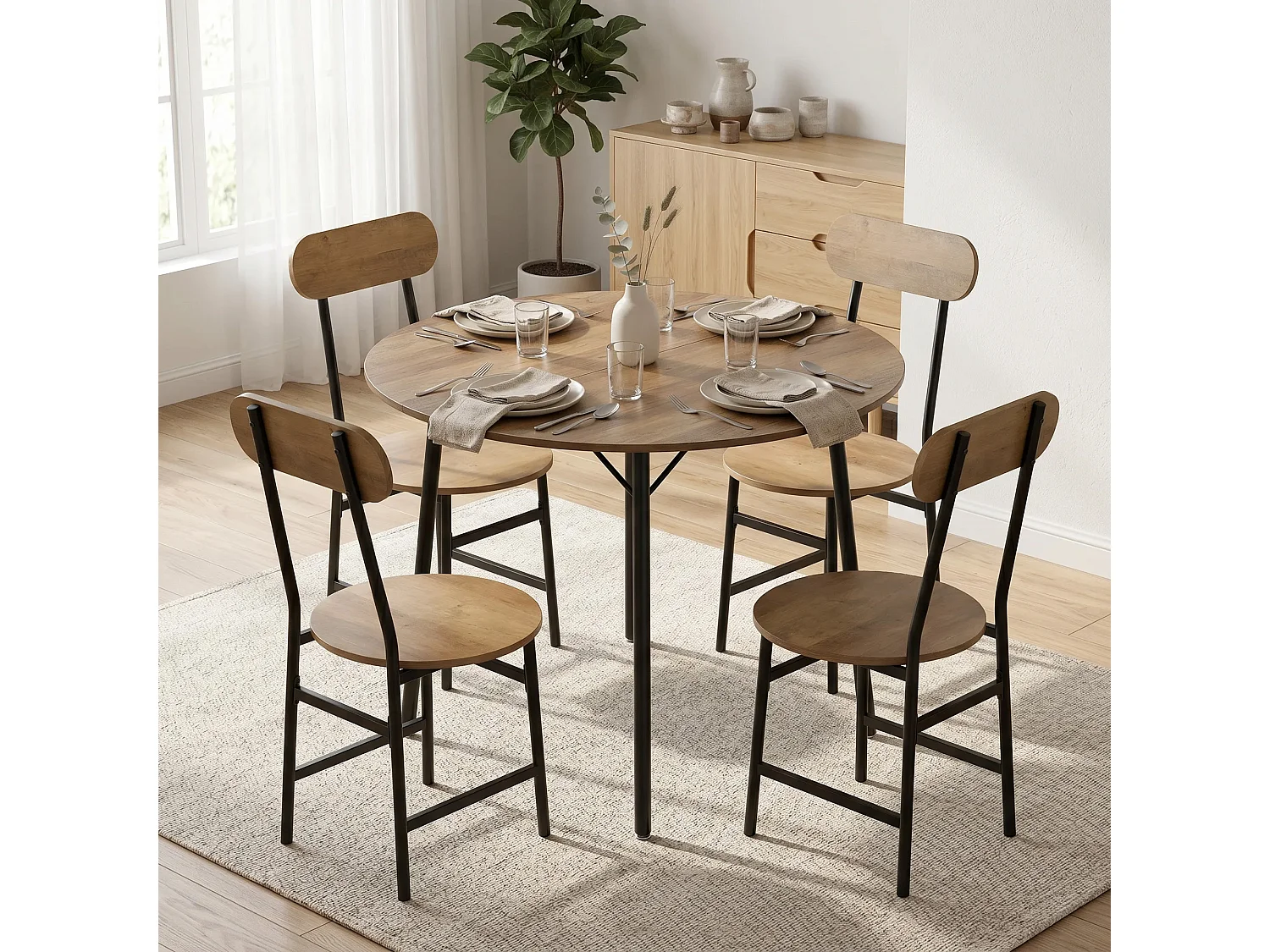 Set tavolo e sedie da pranzo 5pz stile industriale nero e color legno