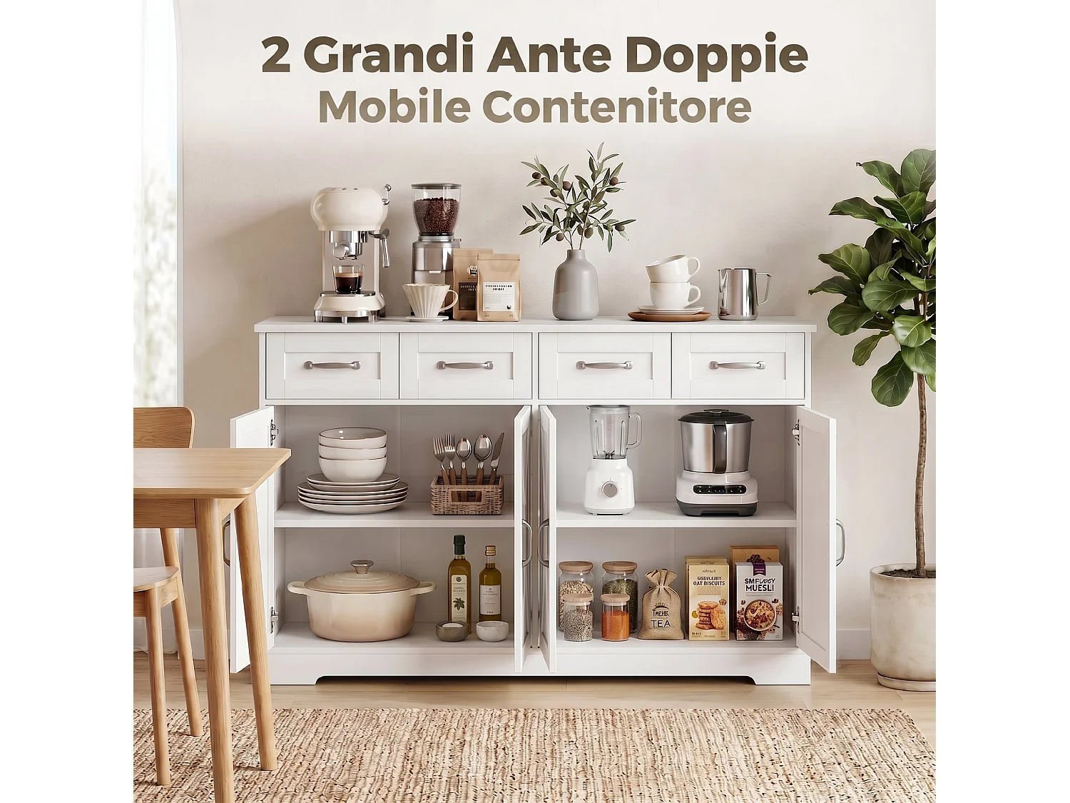 Credenza buffet con 4 cassetti in legno bianco