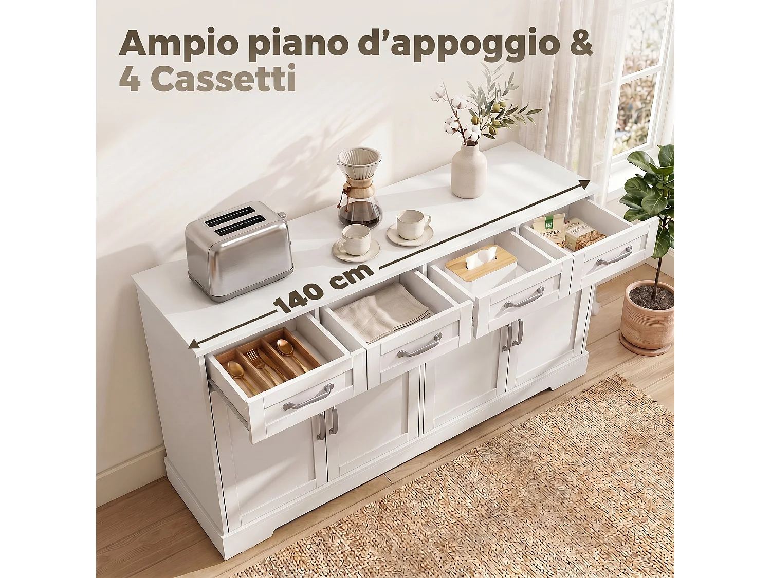 Credenza buffet con 4 cassetti in legno bianco