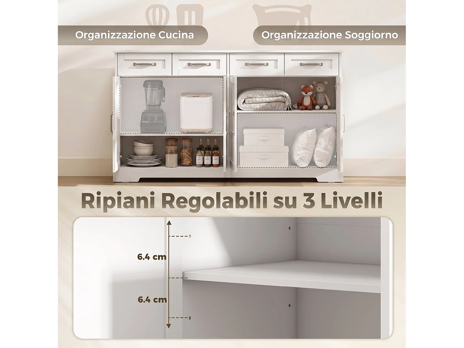 Credenza buffet con 4 cassetti in legno bianco