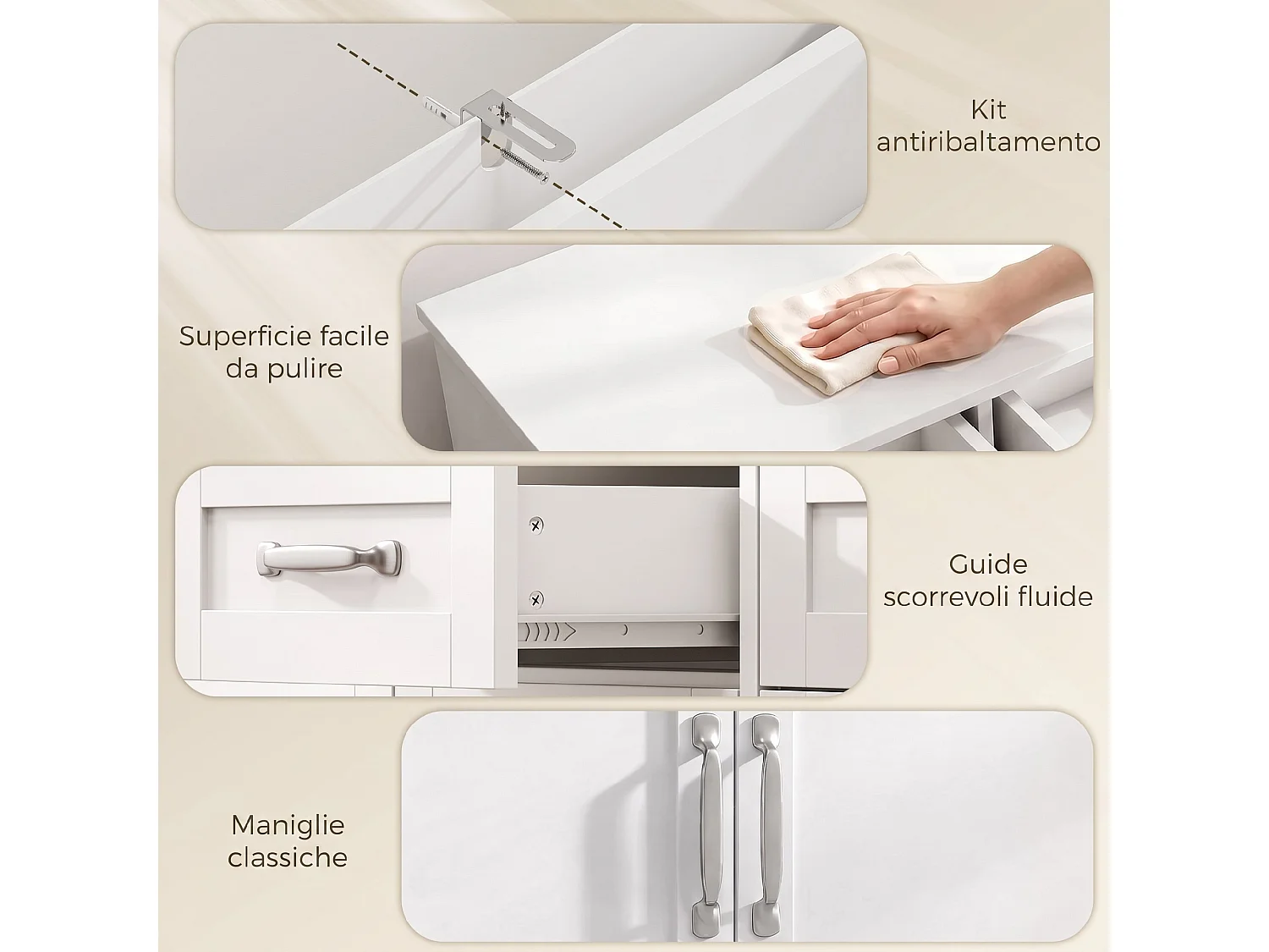 Credenza buffet con 4 cassetti in legno bianco