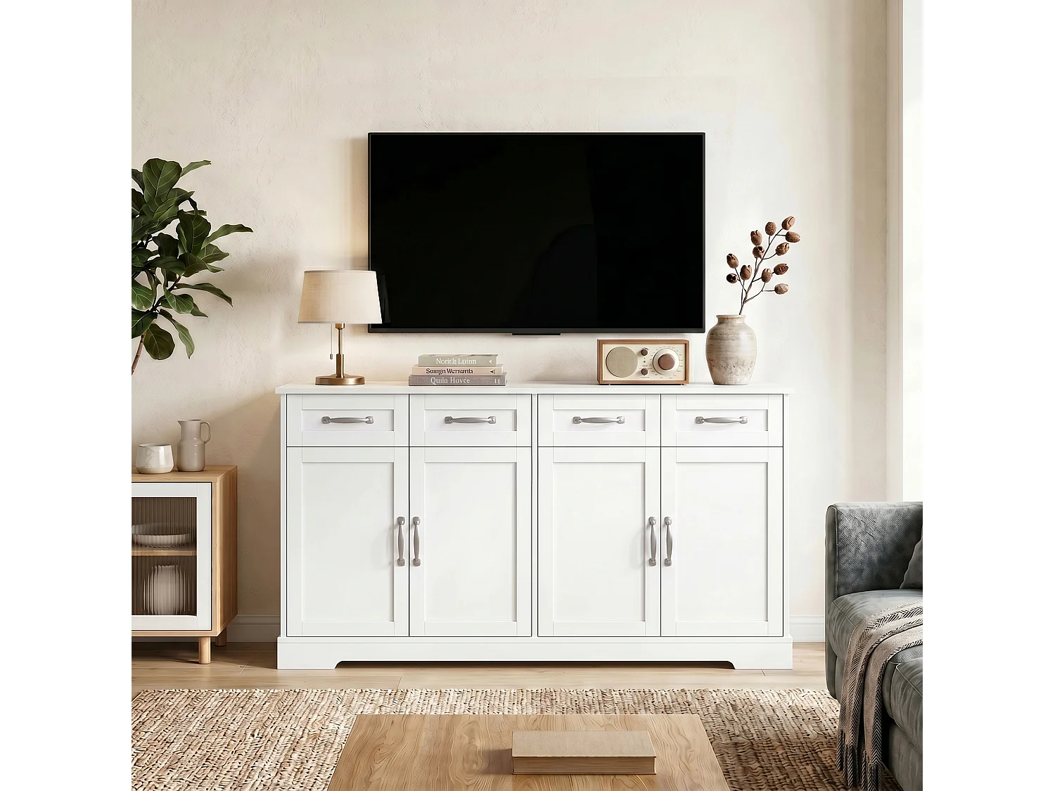 Credenza buffet con 4 cassetti in legno bianco