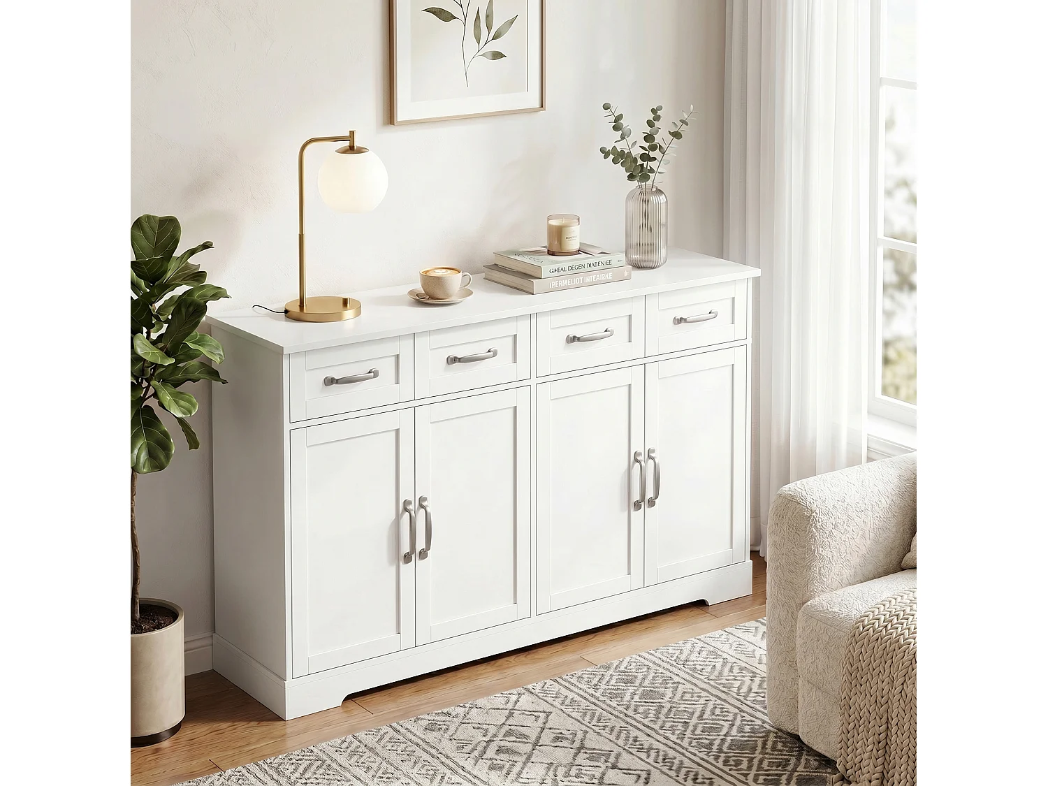 Credenza buffet con 4 cassetti in legno bianco