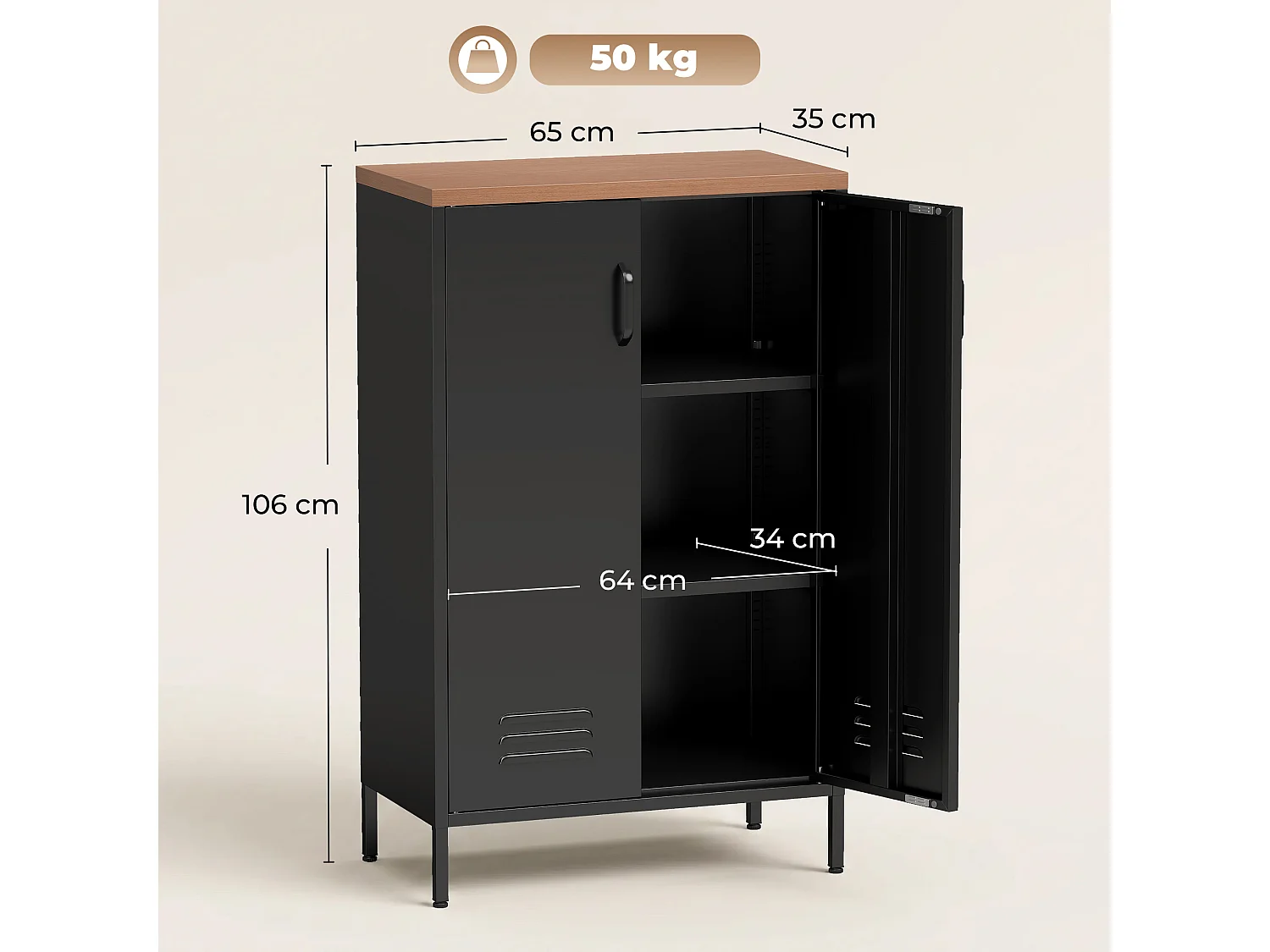 Credenza in metallo con ripiano regolabile, stile industriale