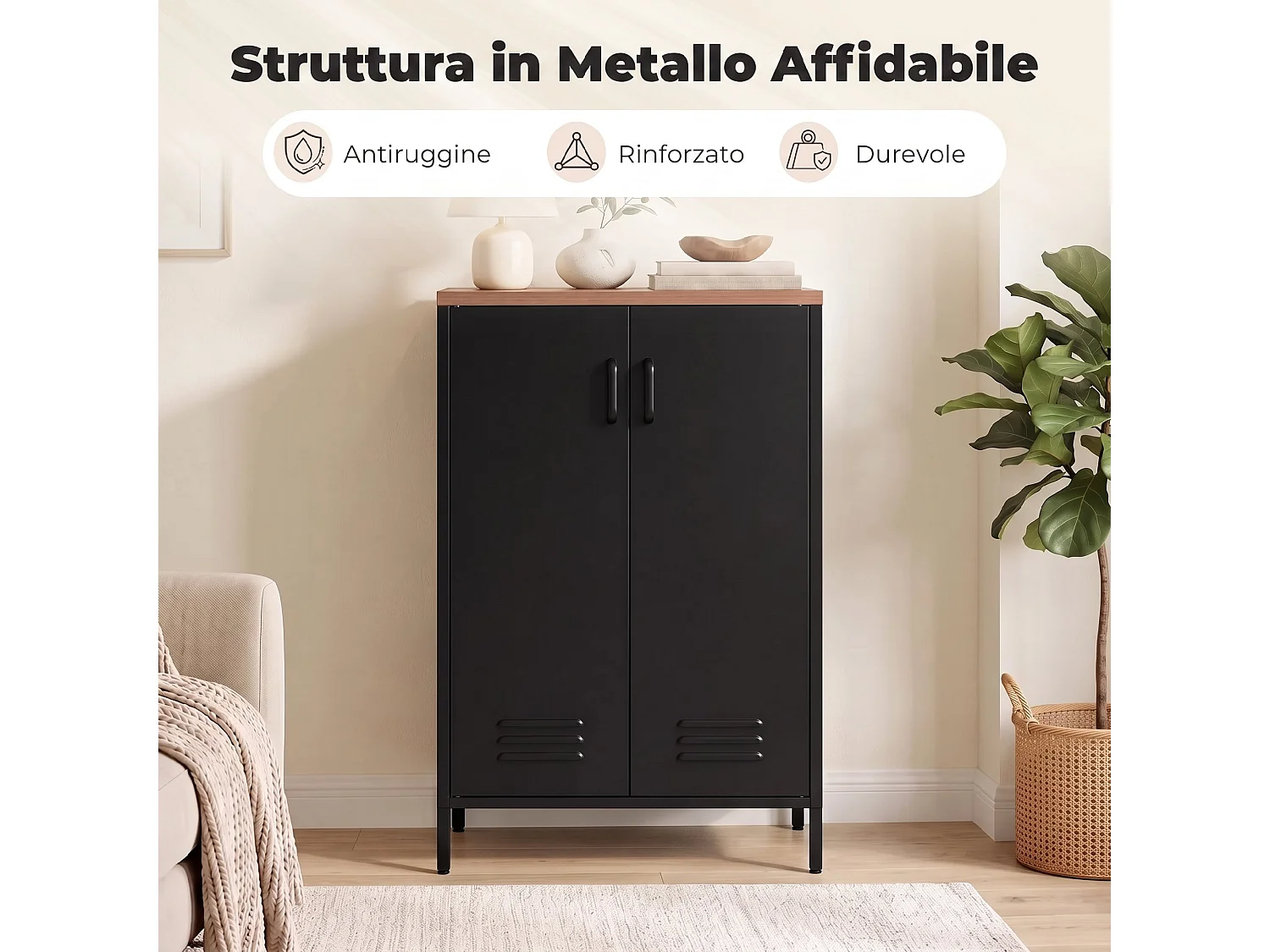 Credenza in metallo con ripiano regolabile, stile industriale