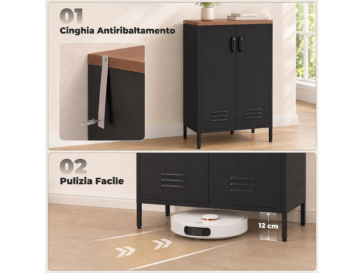 Credenza in metallo con ripiano regolabile, stile industriale