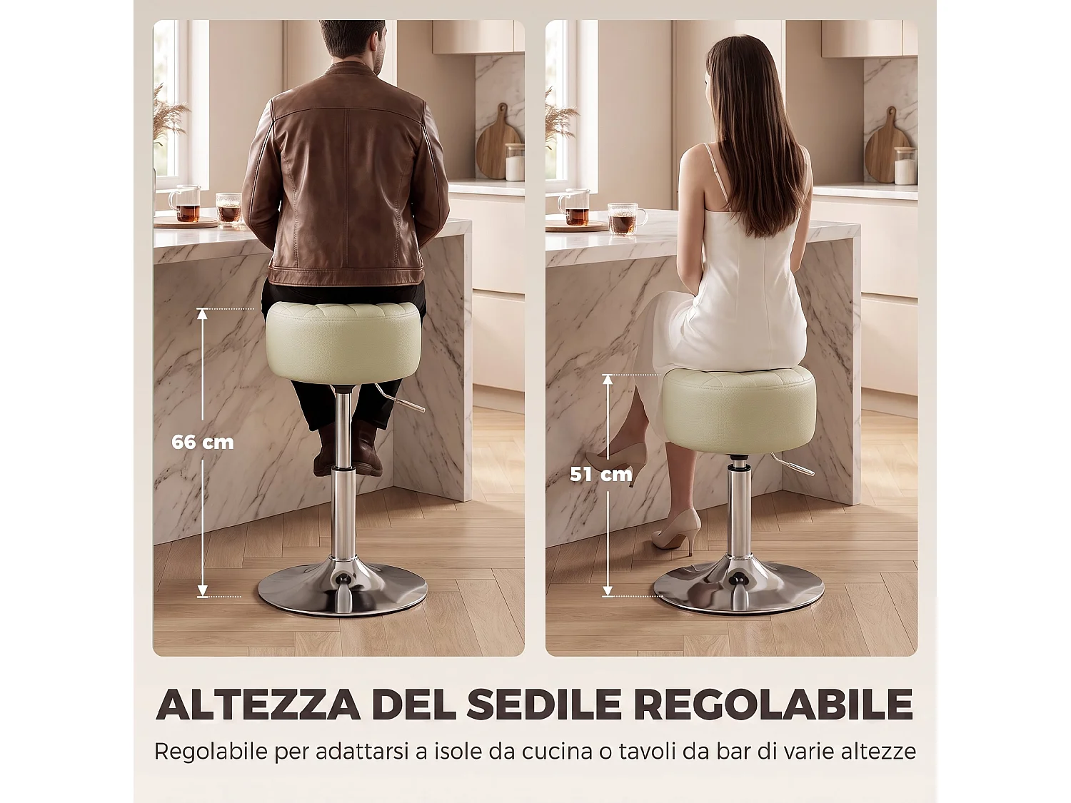 Sgabello da bar girevole con altezza regolabile in pelle PU bianco