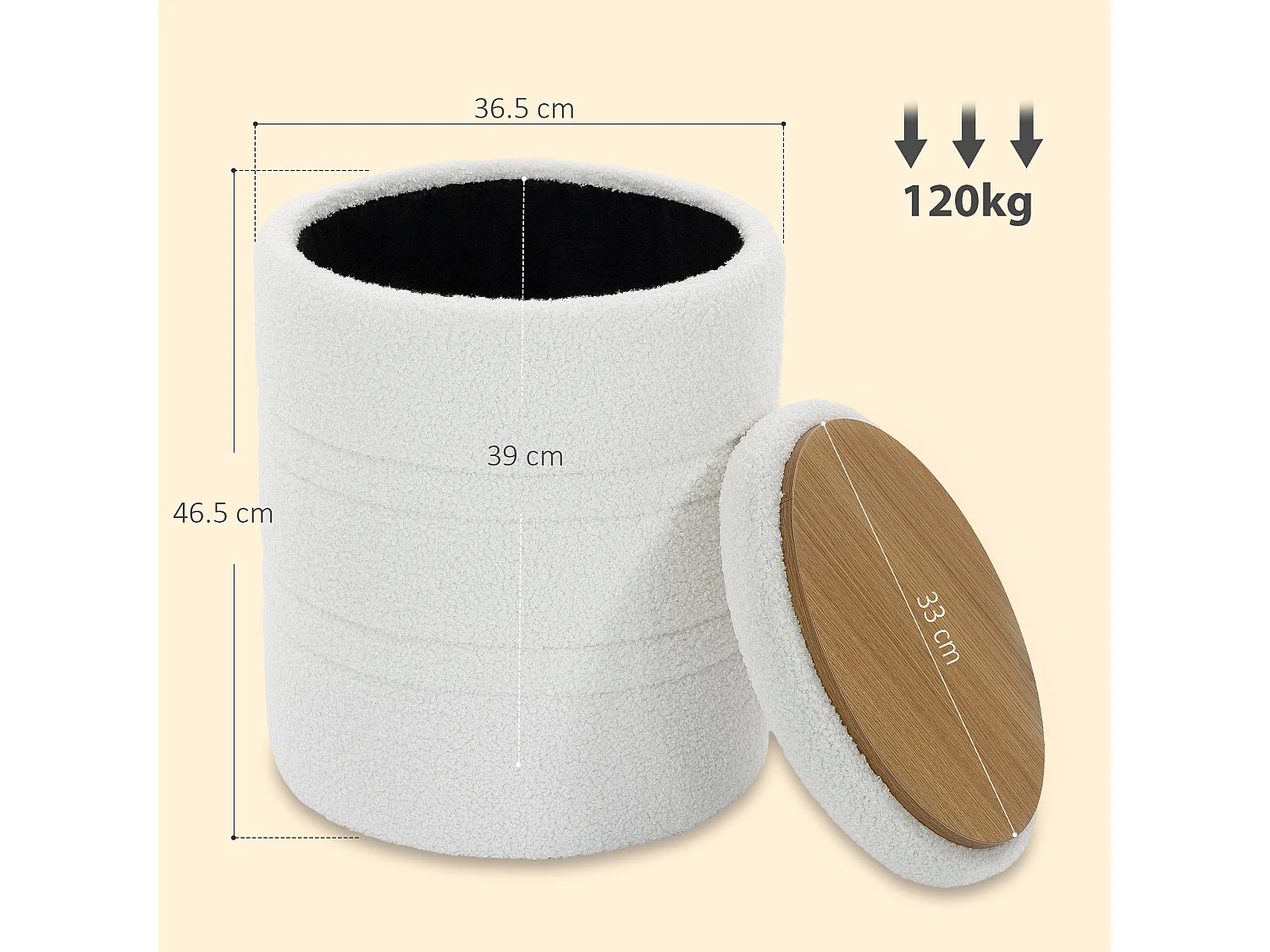 Pouf contenitore rotondo 33l con coperchio in tessuto sherpa bianco
