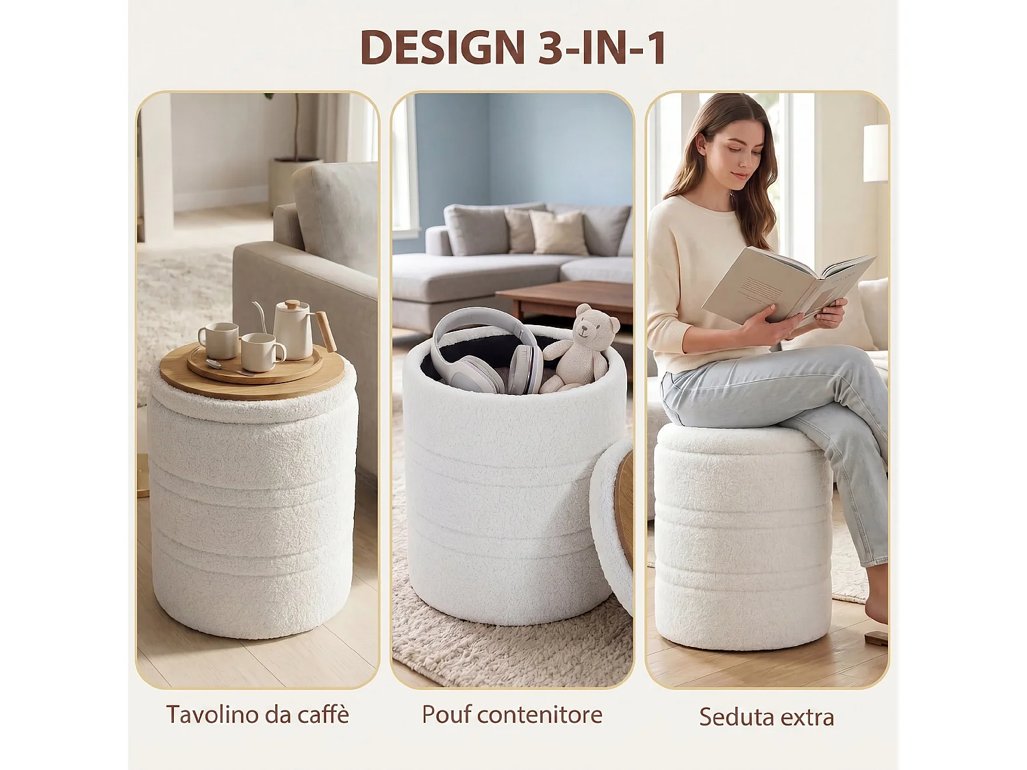 Pouf contenitore rotondo 33l con coperchio in tessuto sherpa bianco