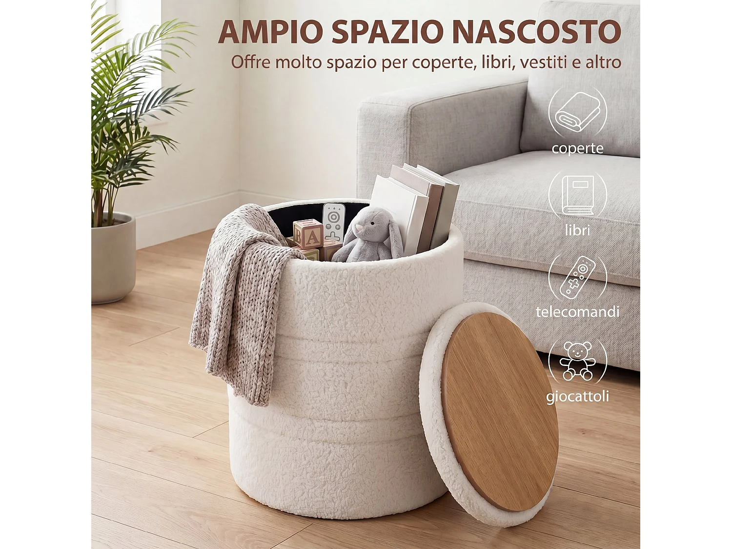 Pouf contenitore rotondo 33l con coperchio in tessuto sherpa bianco