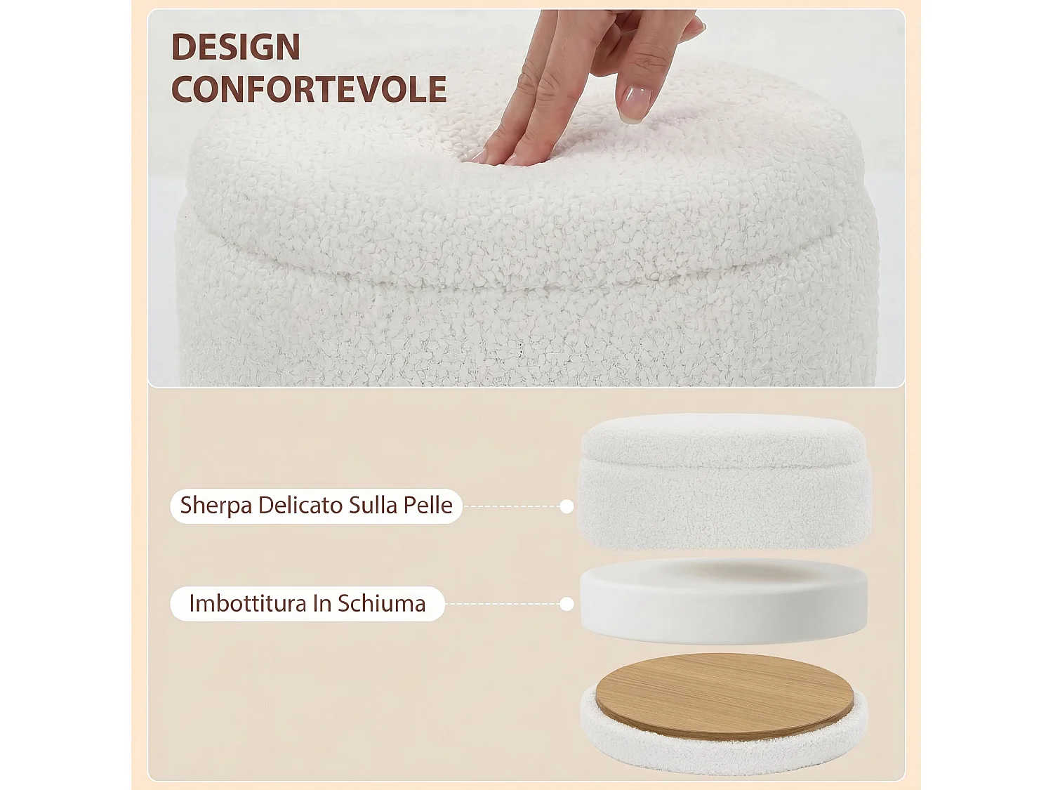 Pouf contenitore rotondo 33l con coperchio in tessuto sherpa bianco