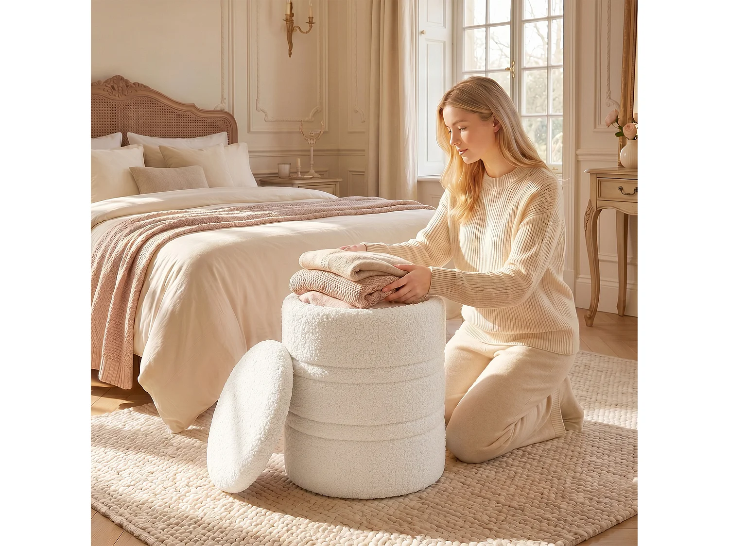 Pouf contenitore rotondo 33l con coperchio in tessuto sherpa bianco