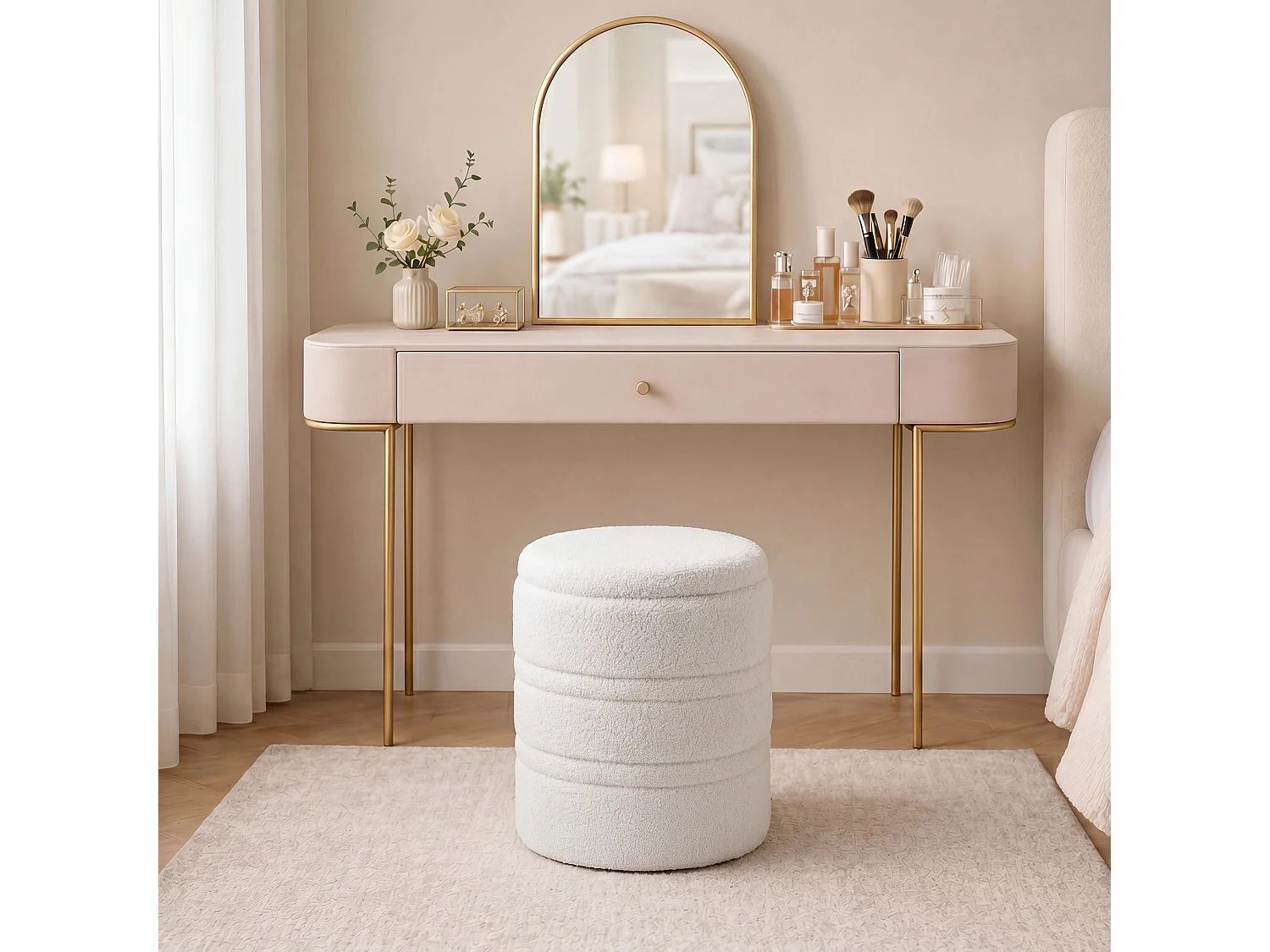 Pouf contenitore rotondo 33l con coperchio in tessuto sherpa bianco