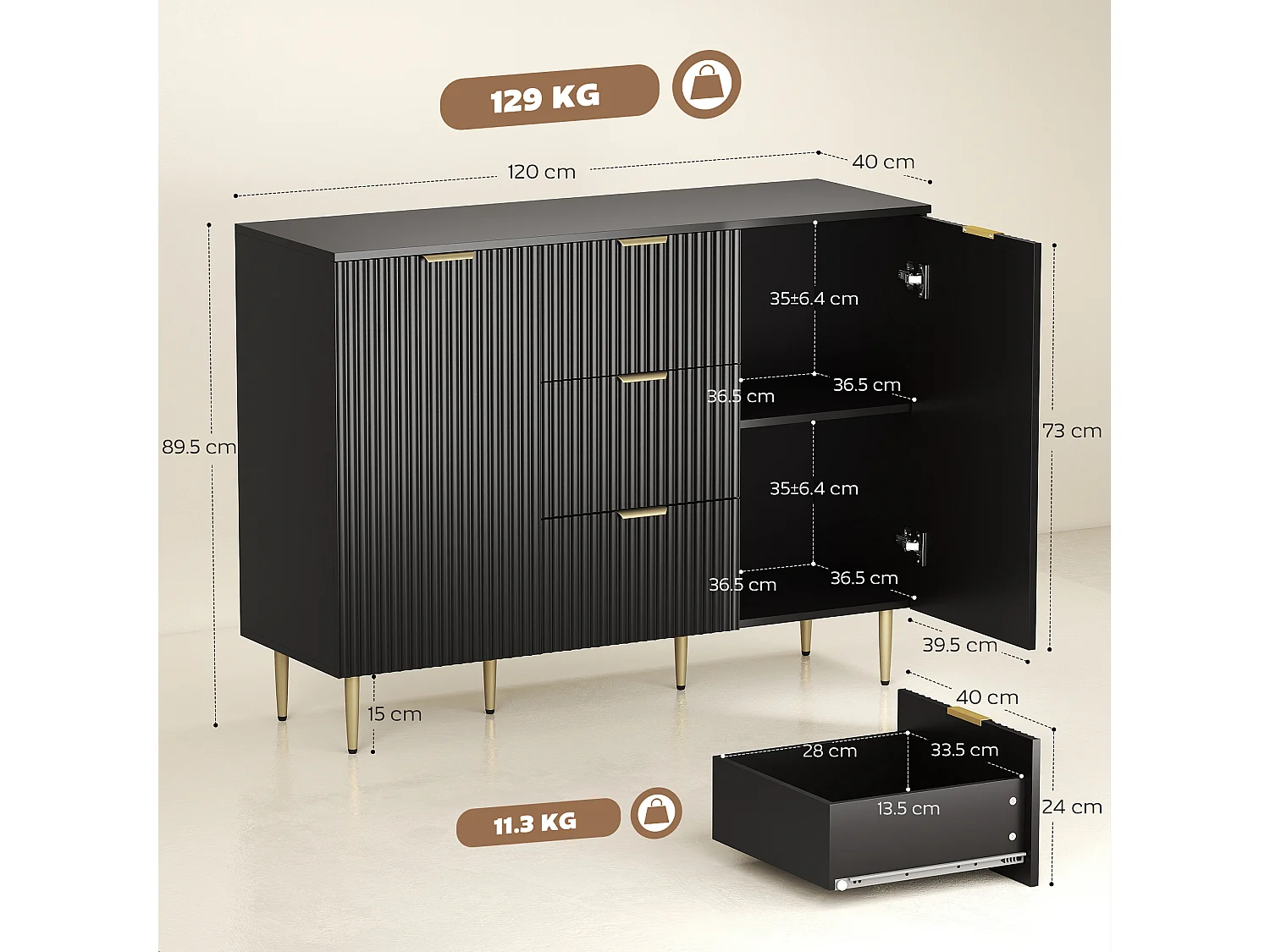 Credenza moderna con 3 cassetti e 2 armadietti nero