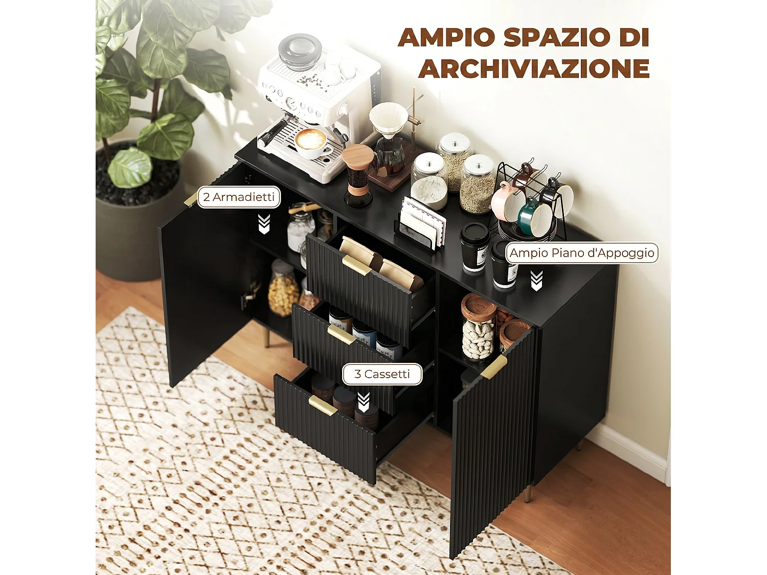 Credenza moderna con 3 cassetti e 2 armadietti nero