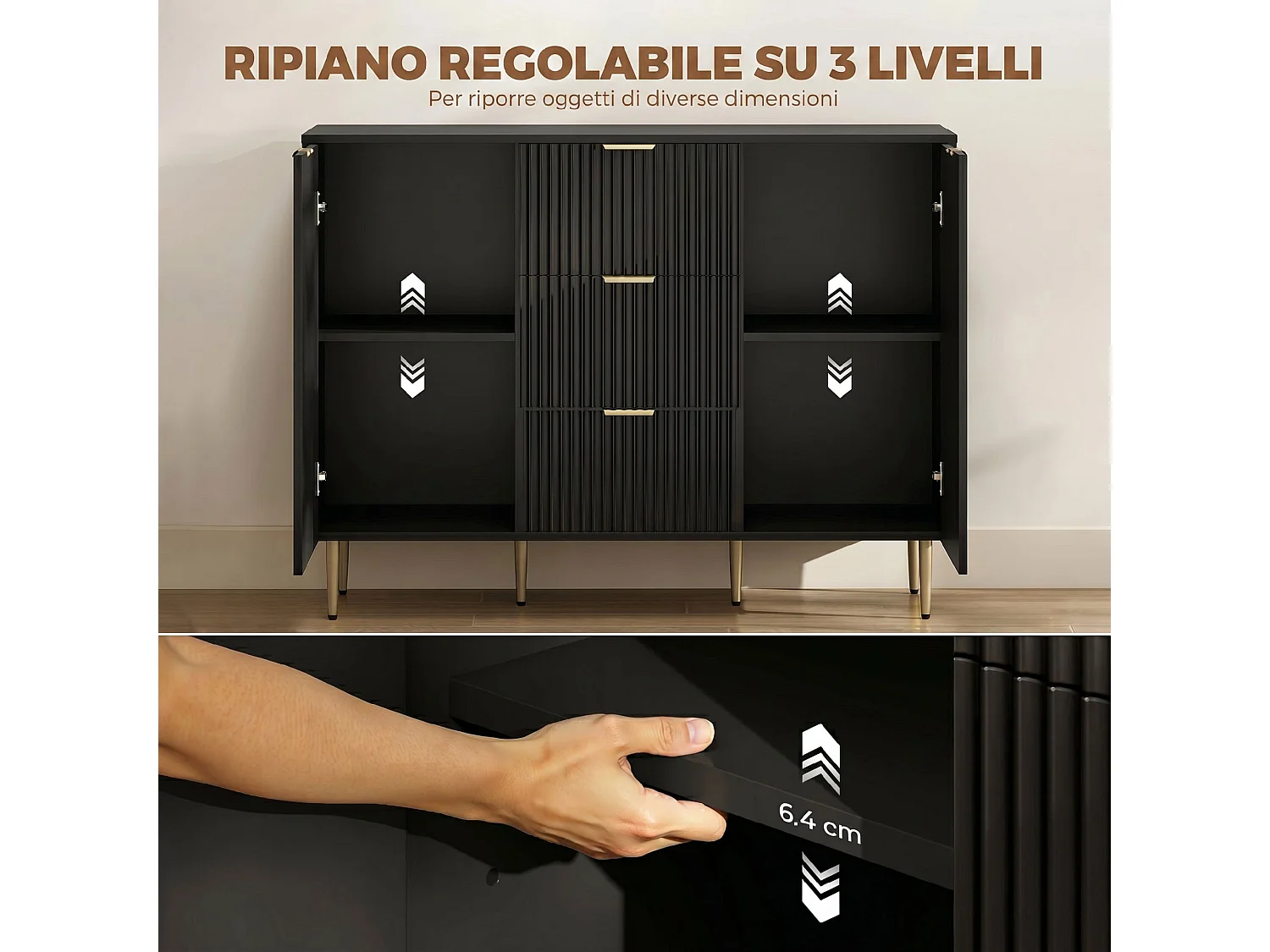 Credenza moderna con 3 cassetti e 2 armadietti nero