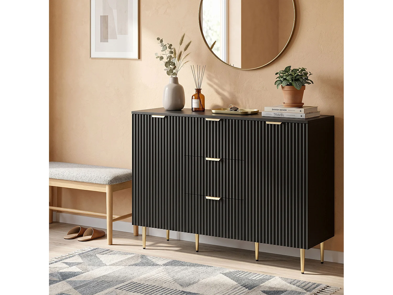 Credenza moderna con 3 cassetti e 2 armadietti nero