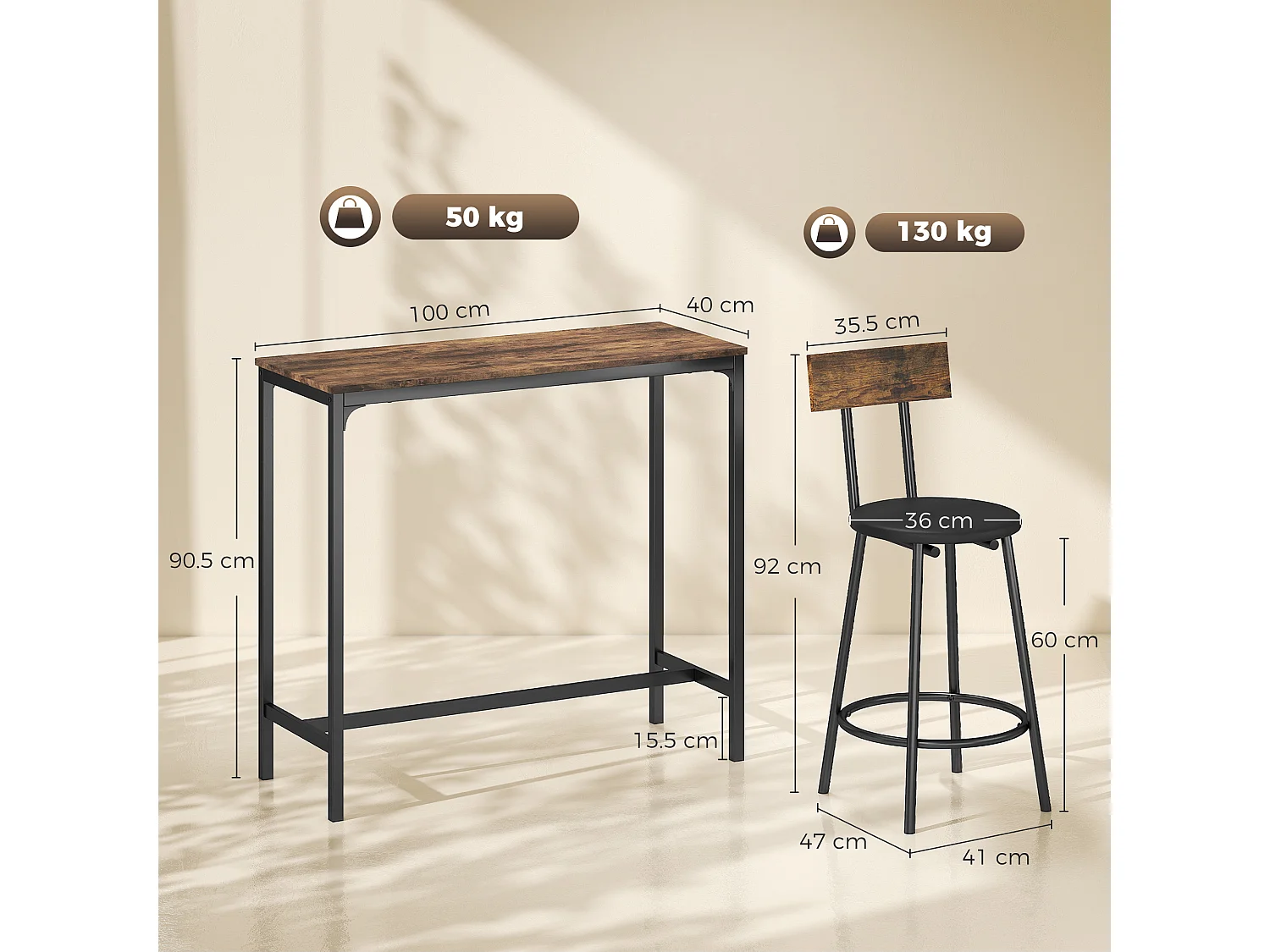 Set tavolo da bar tre pezzi in legno marrone rustico